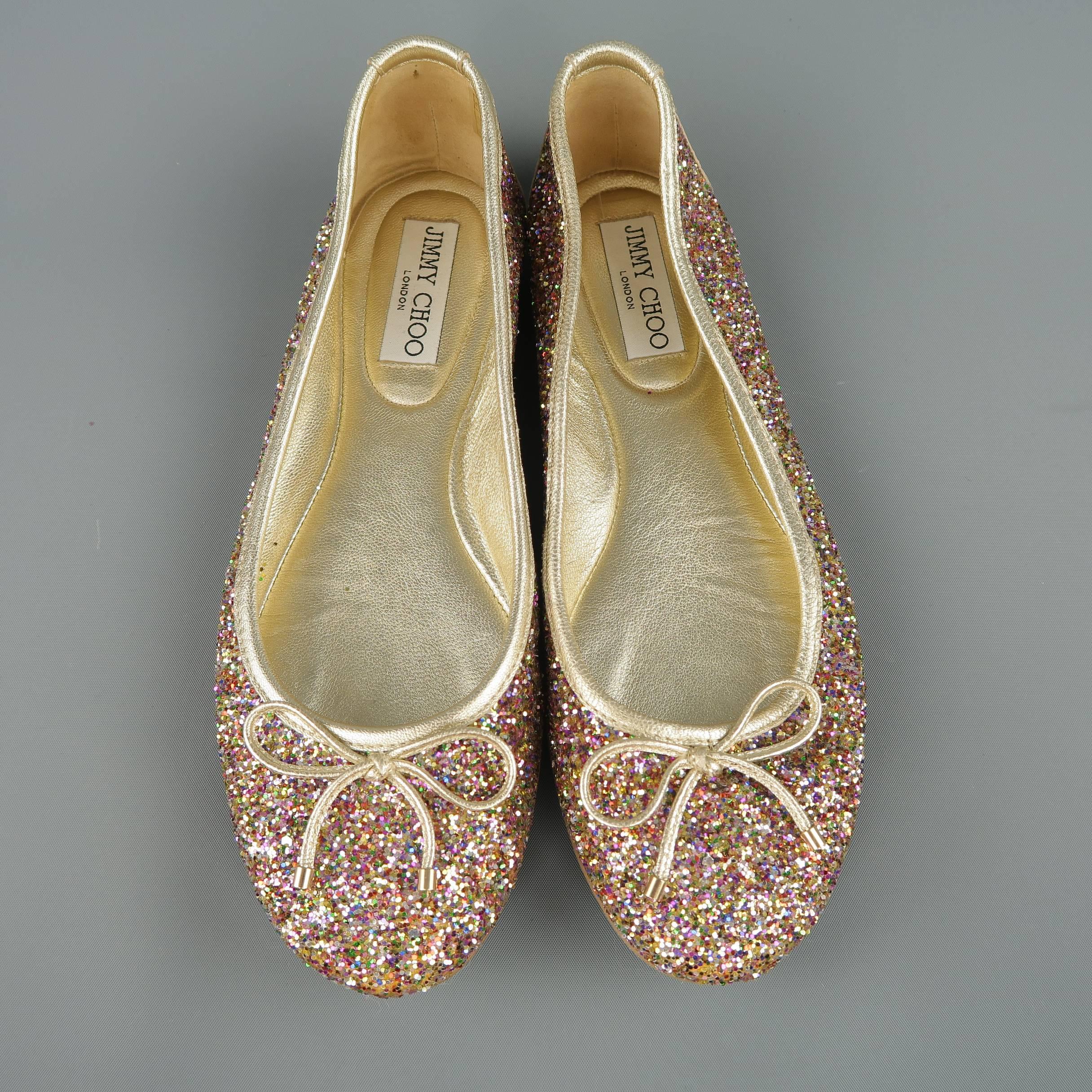 JIMMY CHOO Size 8 Gold Leather Multi Color Glitter Ballet Flats In Excellent Condition In San Francisco, CA