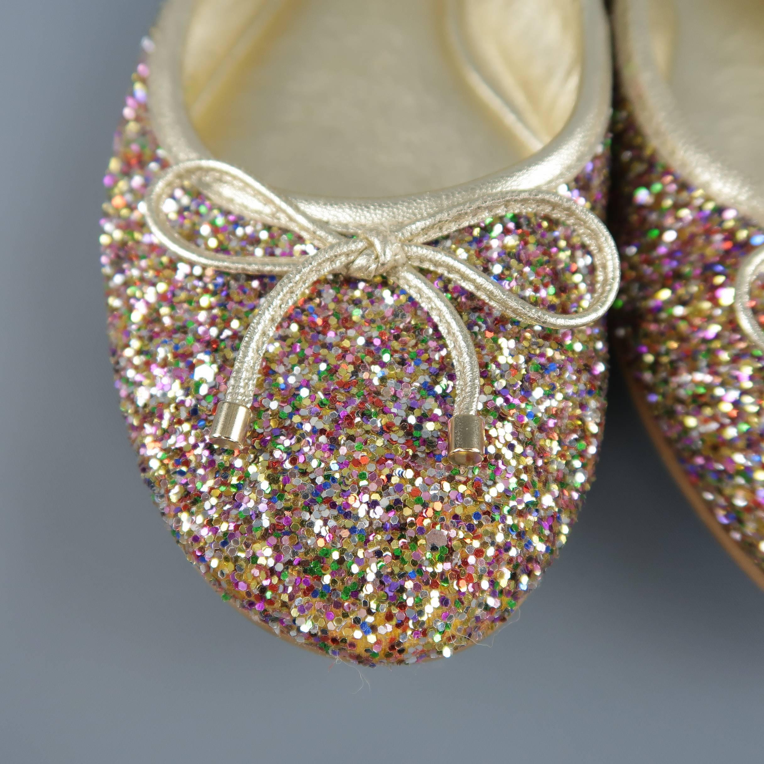 Women's JIMMY CHOO Size 8 Gold Leather Multi Color Glitter Ballet Flats