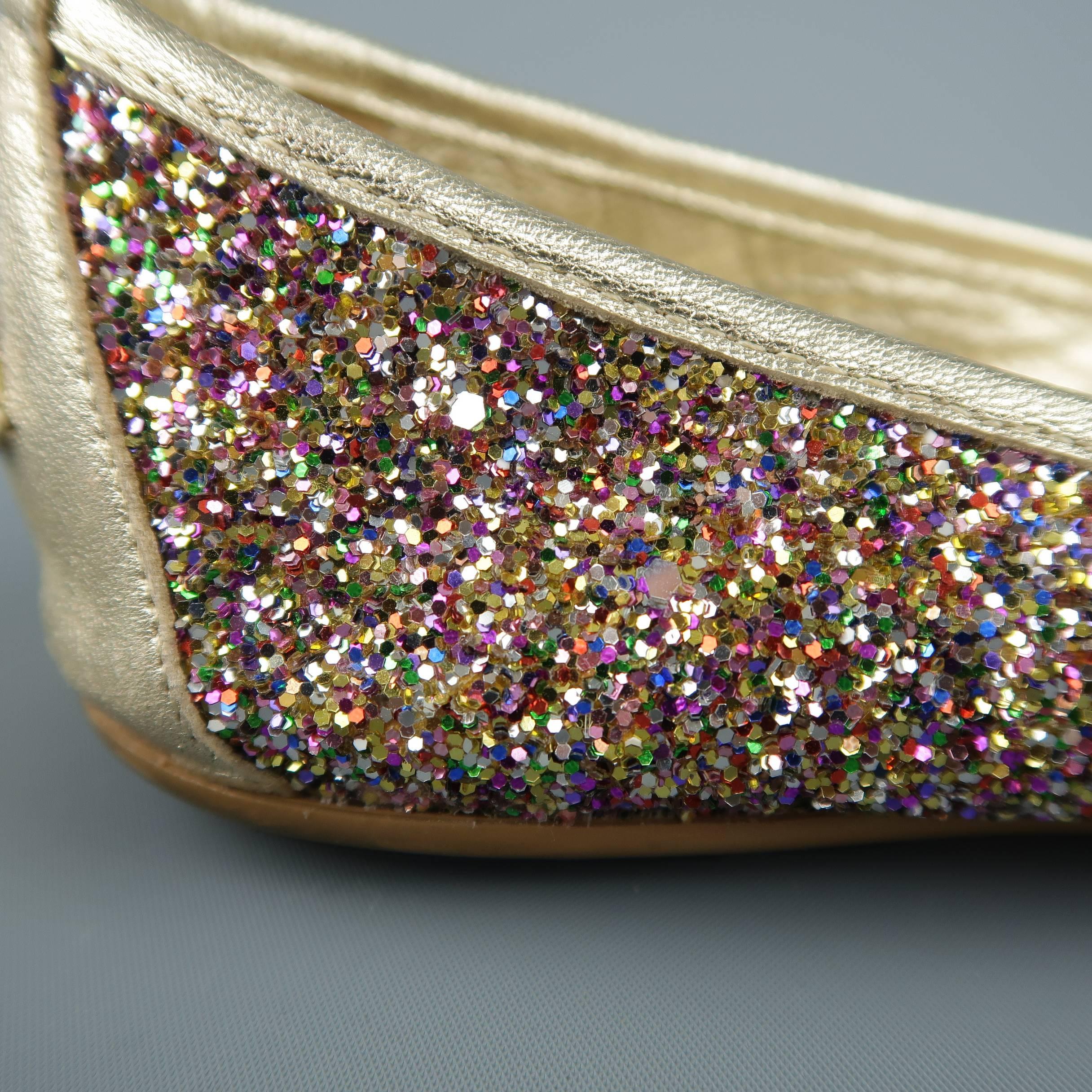 JIMMY CHOO Size 8 Gold Leather Multi Color Glitter Ballet Flats 1