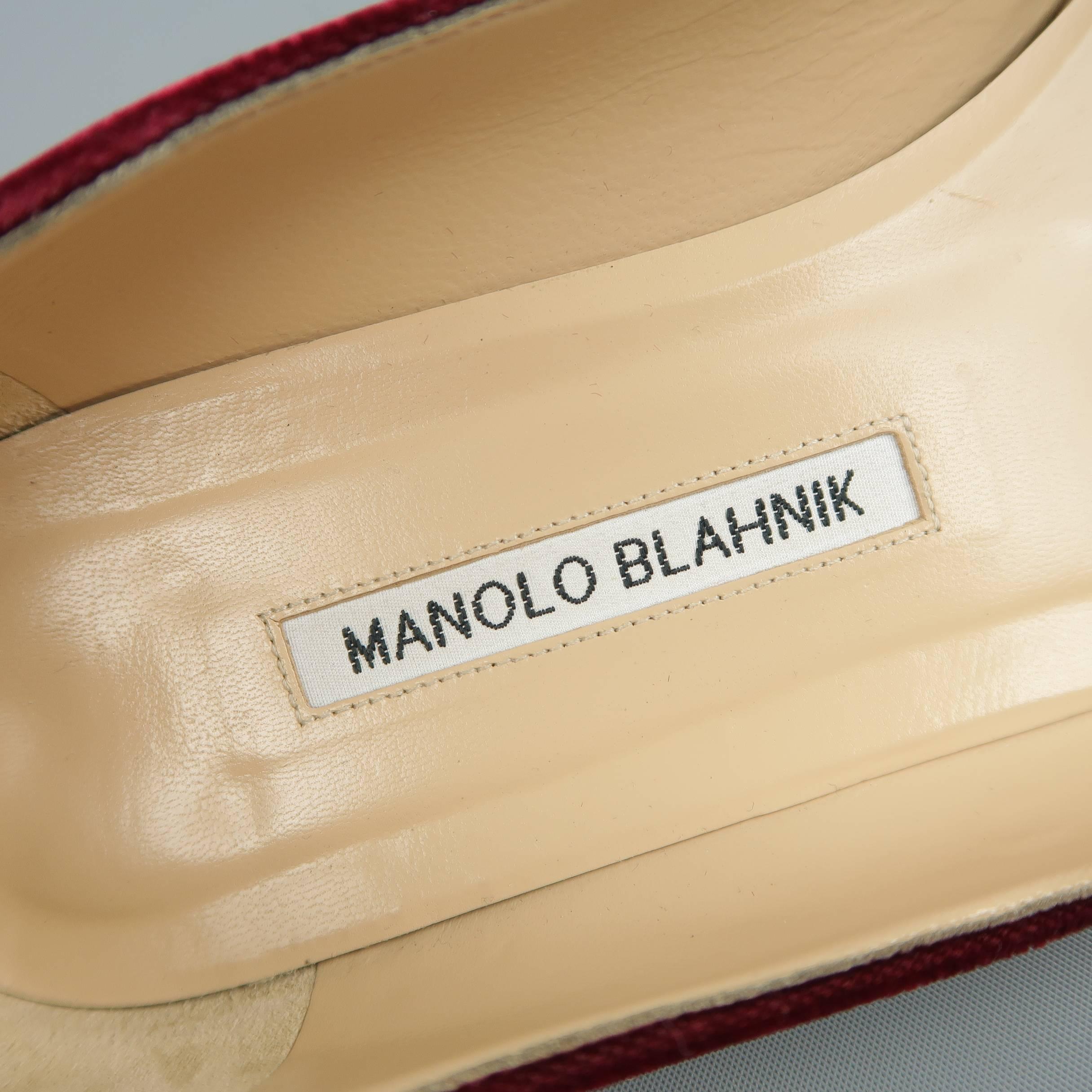 Women's MANOLO BLAHNIK Size 7.5 Burgundy Velvet Hangisi Crystal Buckle Flats