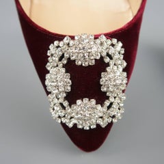 MANOLO BLAHNIK Size 7.5 Burgundy Velvet Hangisi Crystal Buckle Flats