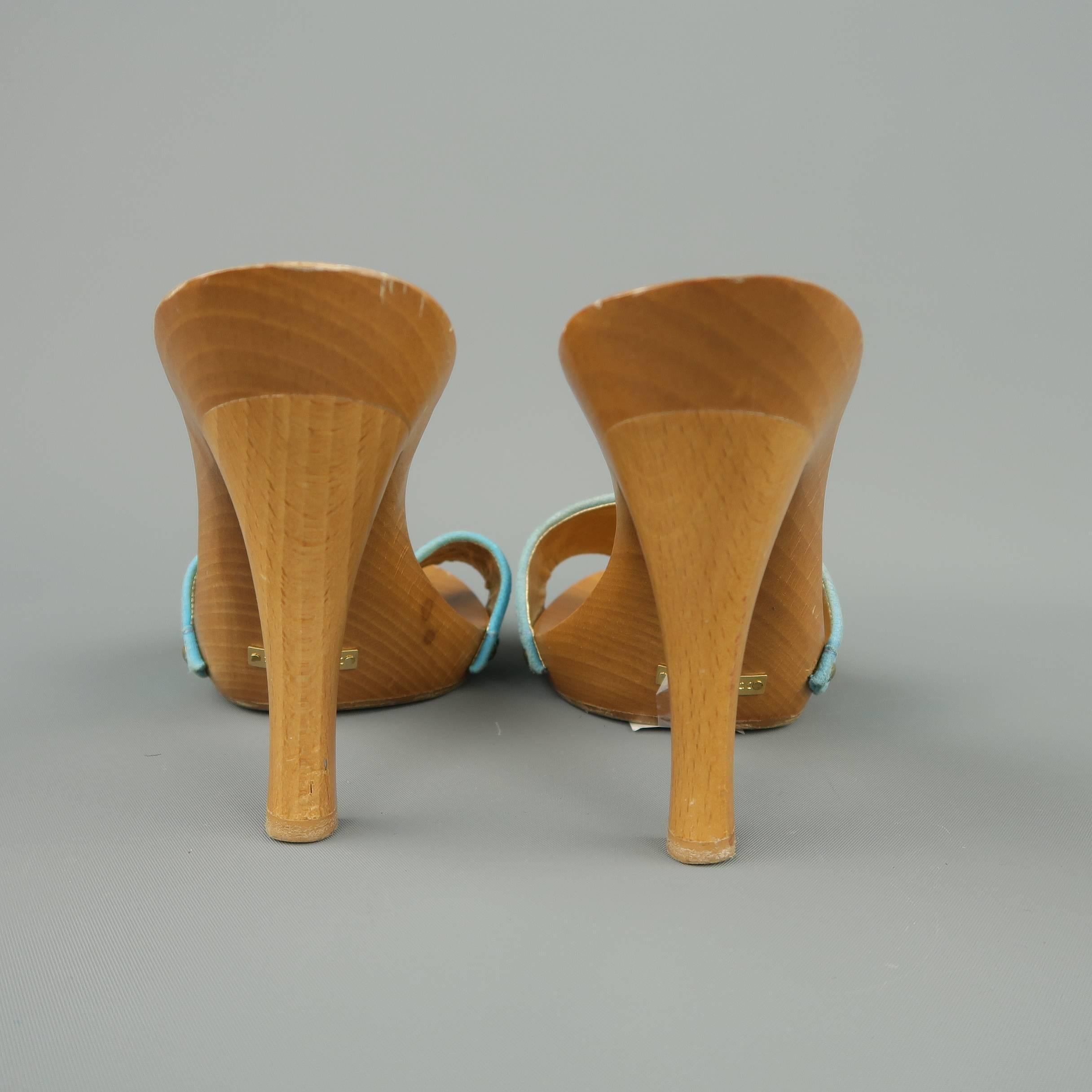 DOLCE & GABBANA Size 7 Blue Rhinestone Suede Wooden Platform Mule Sandals 1