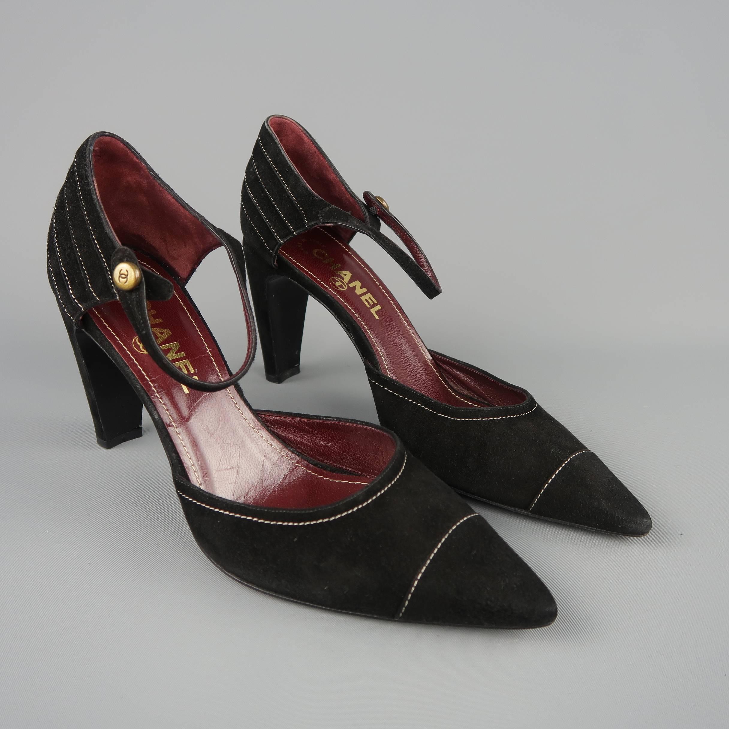 CHANEL Size 9.5 Black Suede Contrast Stitch Pointed Ankle Strap Pumps In Good Condition In San Francisco, CA