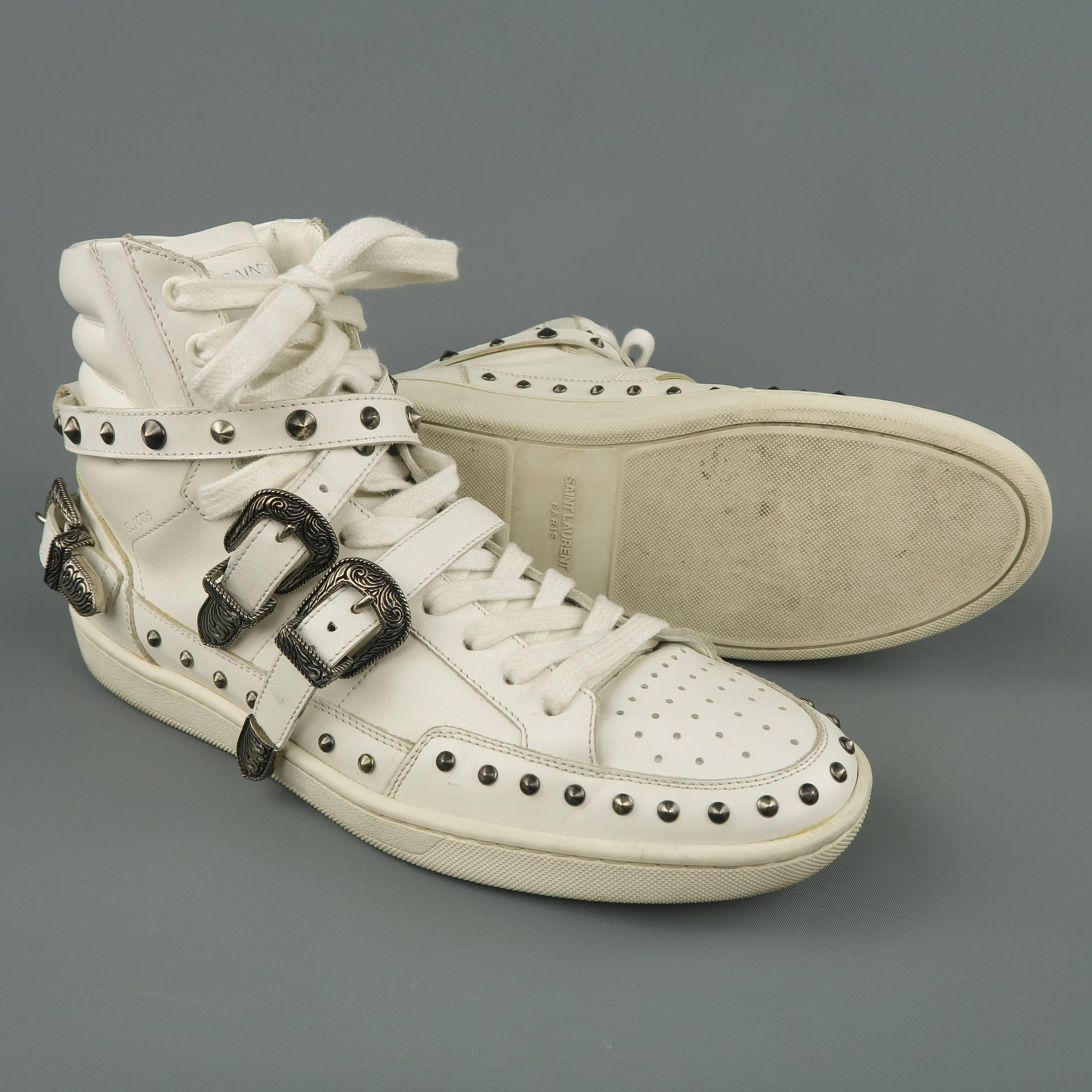 Men's SAINT LAURENT Size 8.5 White Studded Leather SL/08H Wesern High Top Sneake In Fair Condition In San Francisco, CA