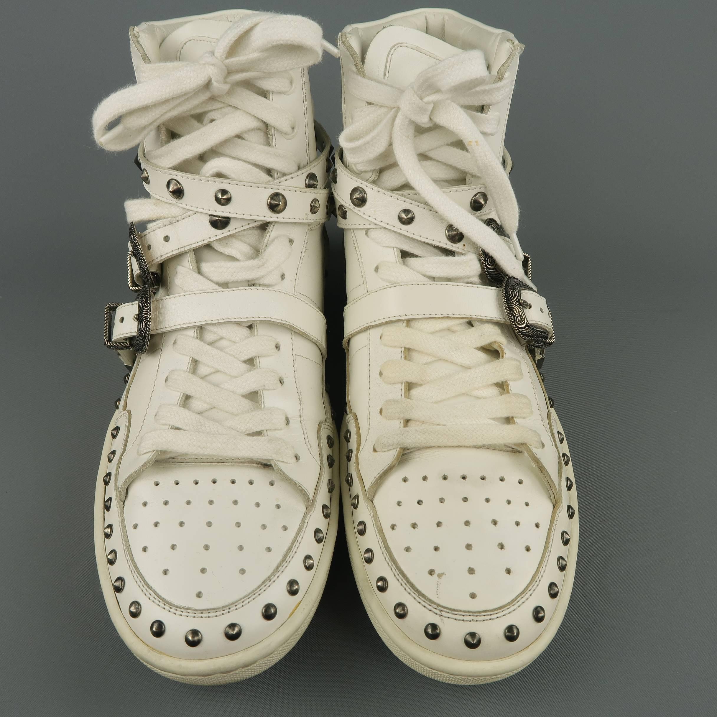 Men's SAINT LAURENT Size 8.5 White Studded Leather SL/08H Wesern High Top Sneake 1