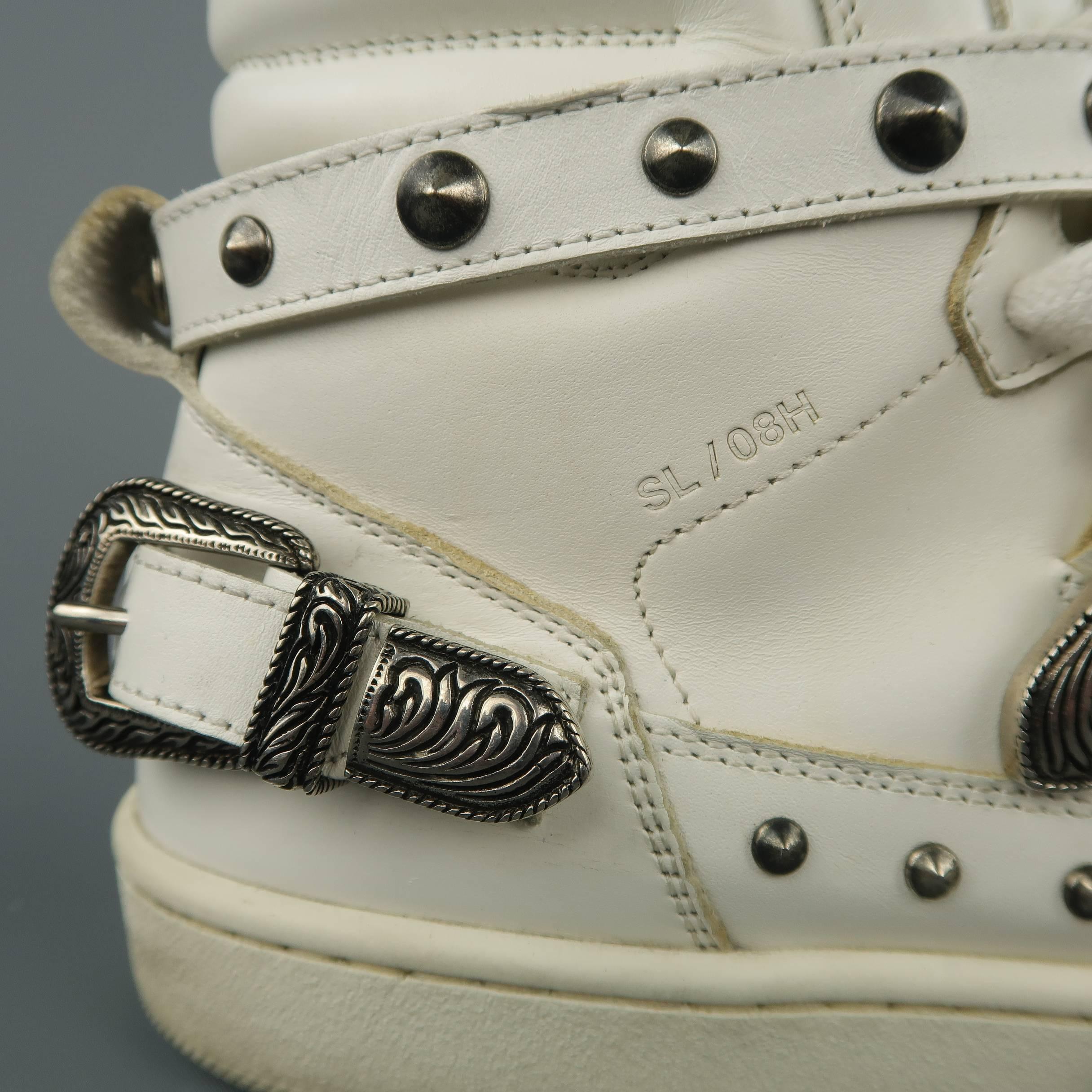 Men's SAINT LAURENT Size 8.5 White Studded Leather SL/08H Wesern High Top Sneake 4