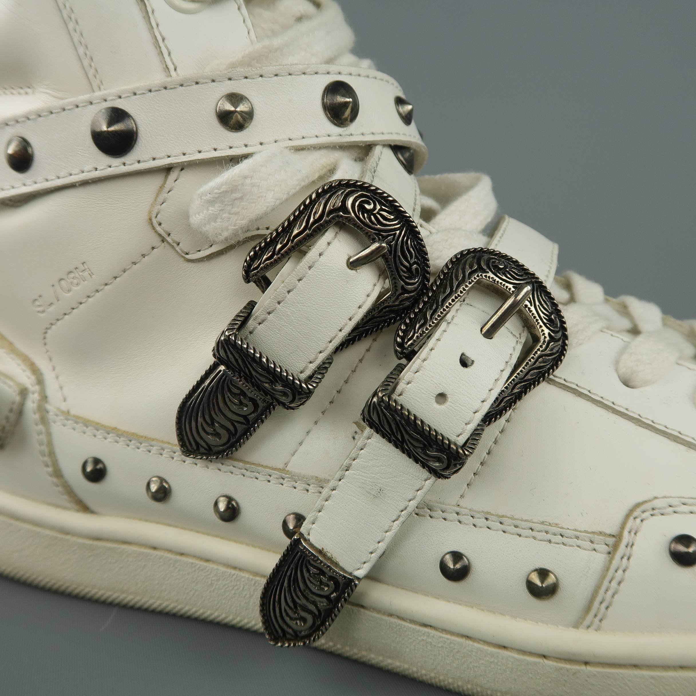 Men's SAINT LAURENT Size 8.5 White Studded Leather SL/08H Wesern High Top Sneake 3