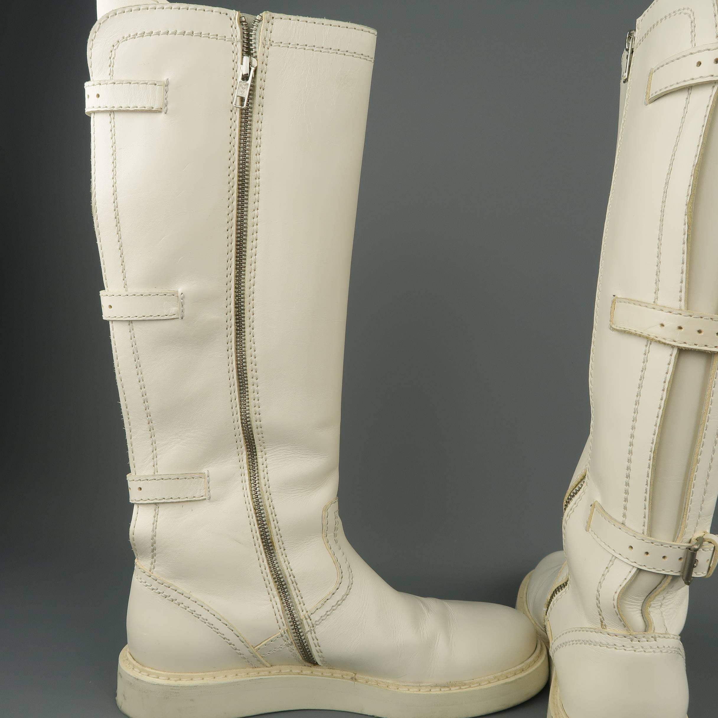 Ann Demeulemeester Men's White Leather Strap Back Knee High Boots 2