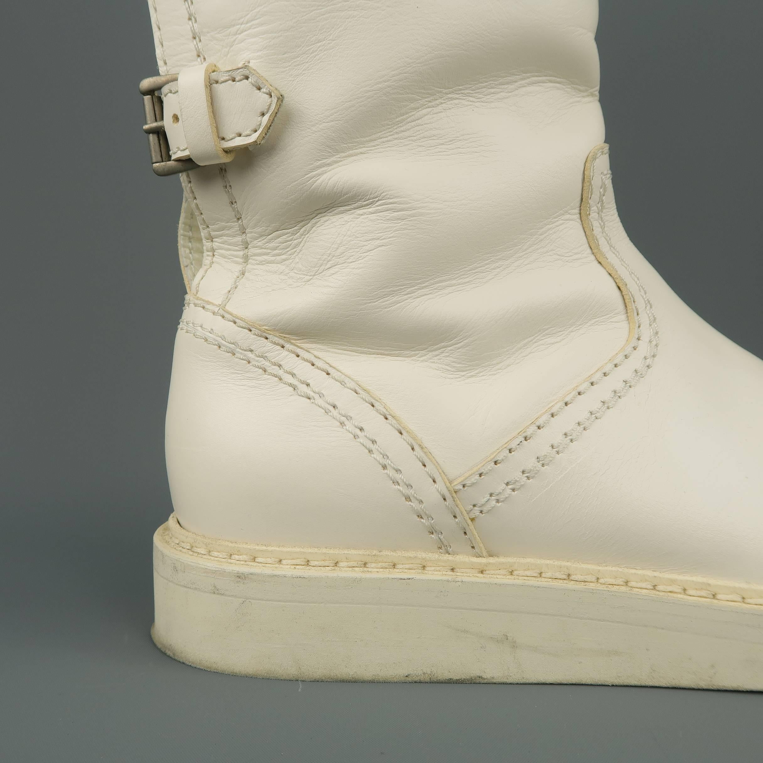 Ann Demeulemeester Men's White Leather Strap Back Knee High Boots In Good Condition In San Francisco, CA