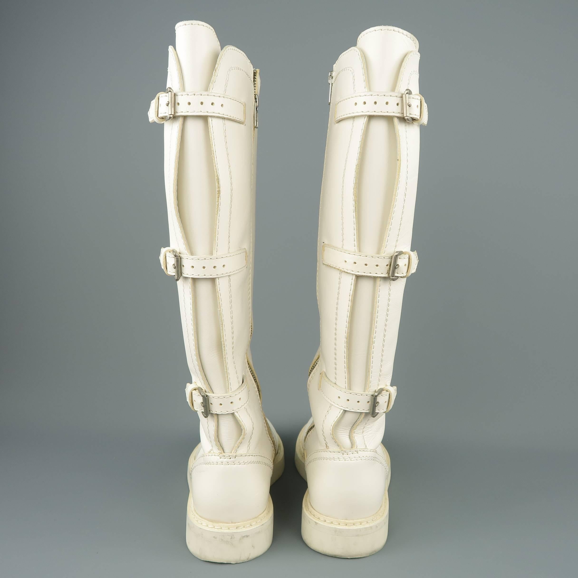 Ann Demeulemeester Men's White Leather Strap Back Knee High Boots 1