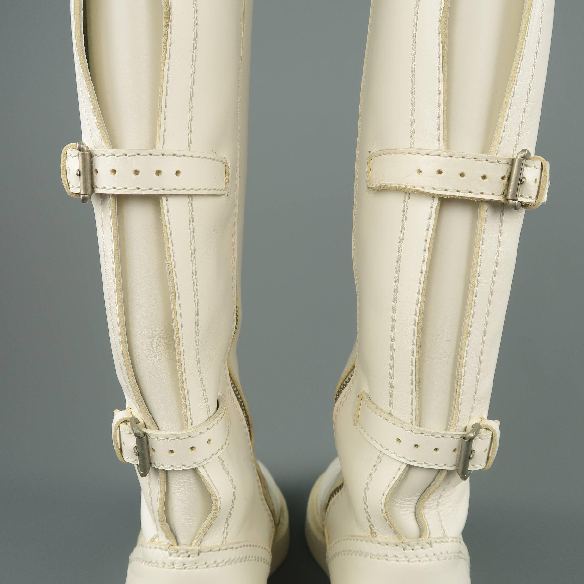 Ann Demeulemeester Men's White Leather Strap Back Knee High Boots 3