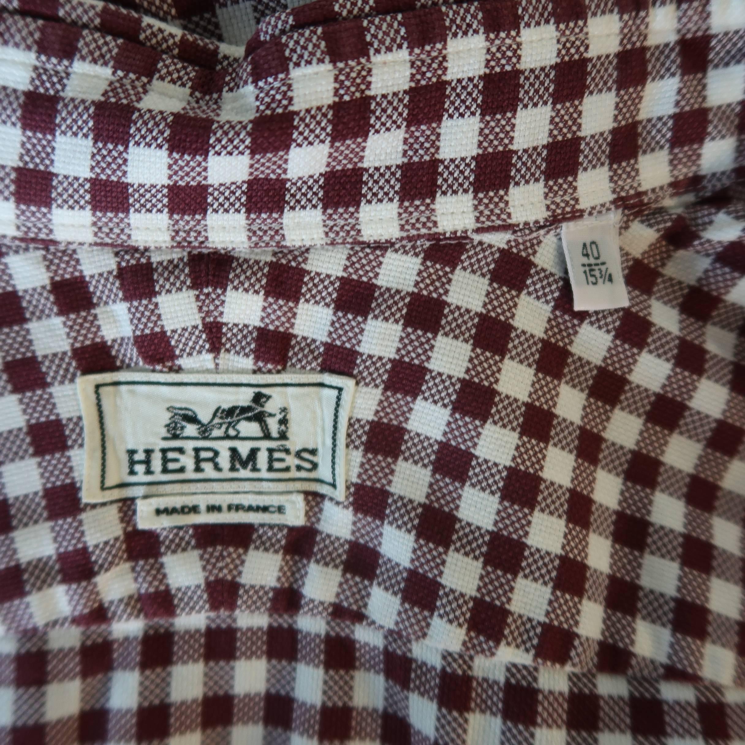 Men's HERMES Size M Burgundy & White Gingham Cotton Long Sleeve Shirt In Excellent Condition In San Francisco, CA