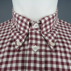 Men's HERMES Size M Burgundy & White Gingham Cotton Long Sleeve Shirt