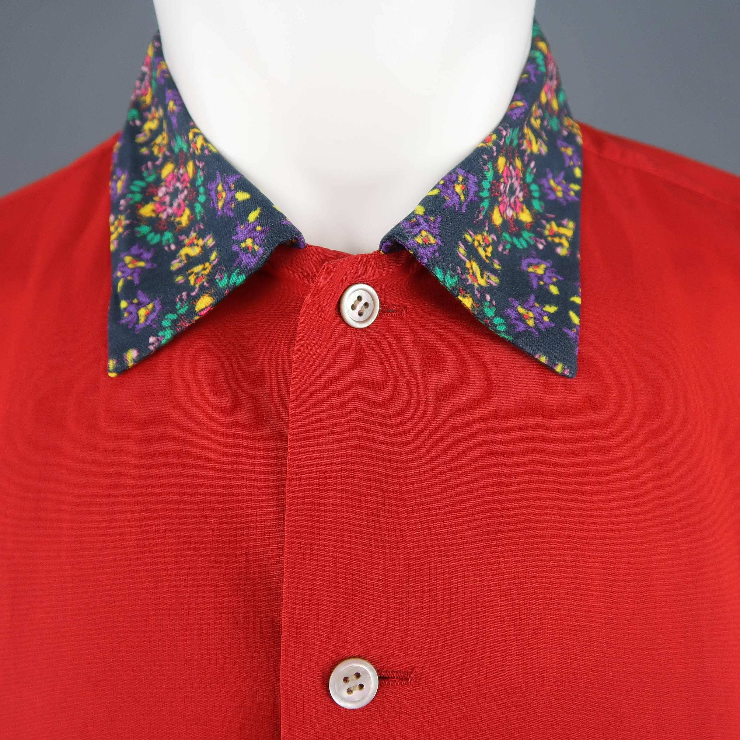 Vintage ISSEY MIYAKE shirt comes in red cotton with a patch breast pocket, black floral print pointed collar, beige floral sleeves, and charcoal and blue spotted trim. Made in Japan.
 
Good Pre-Owned Condition.
Marked: JP 2
 
Measurements:
