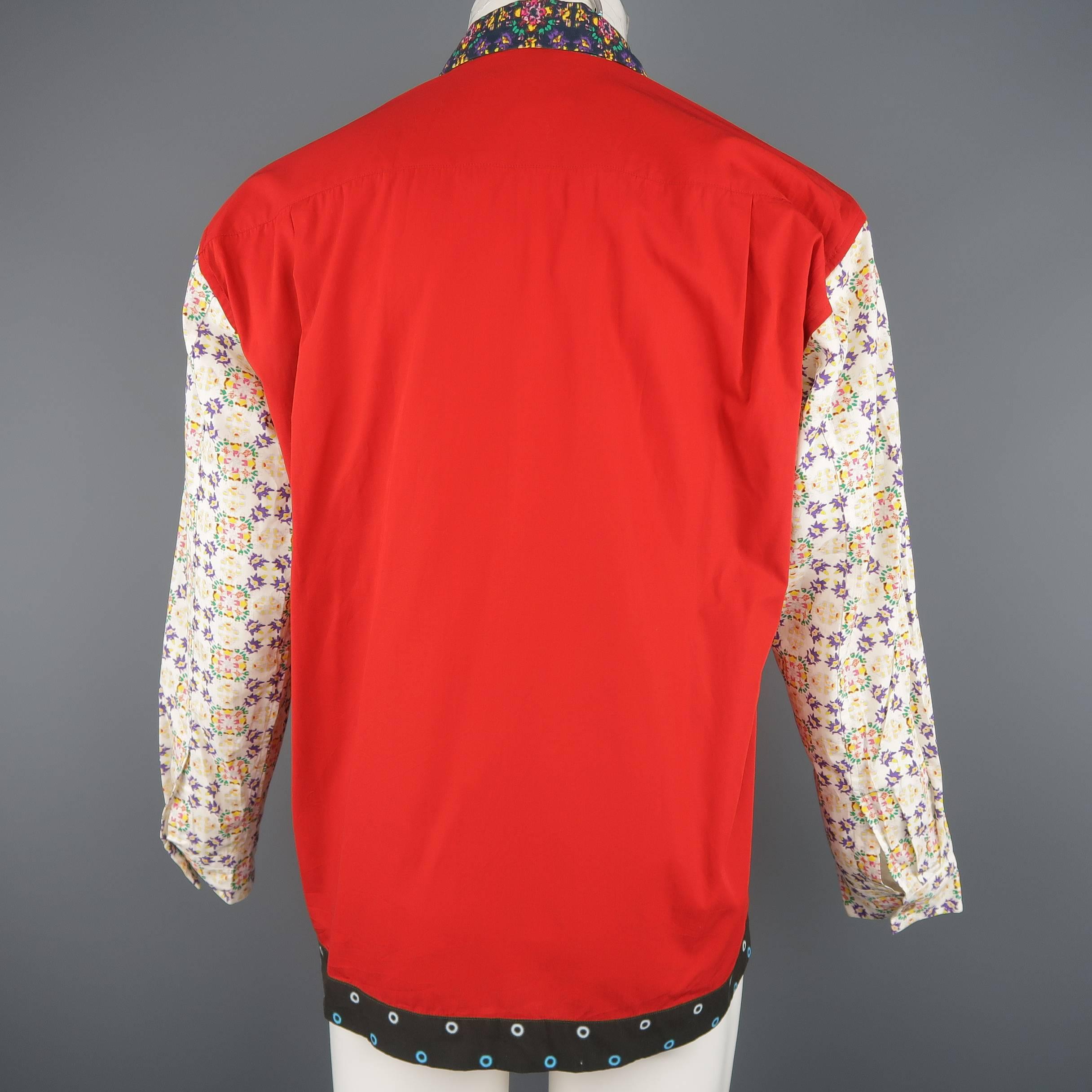 Men's ISSEY MIYAKE Size M Red Mixed Print Cotton Long Sleeve Shirt 3