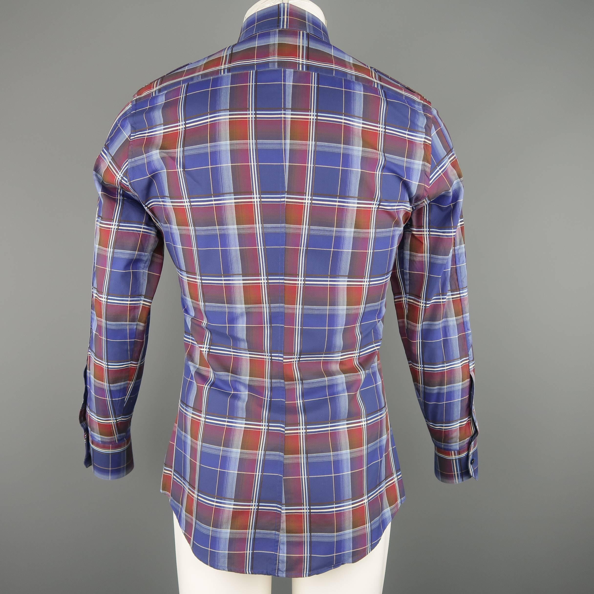 Men's GUCCI Size M Navy & Burgundy Plaid Cotton Long Sleeve Military Shirt 3
