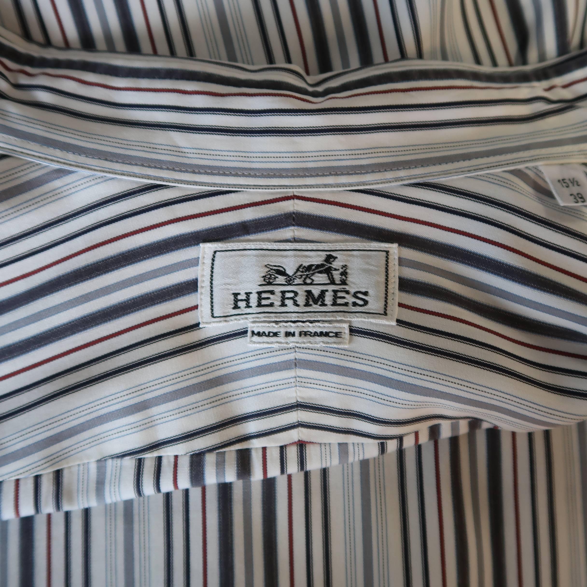 Men's HERMES Size M White Red & Grey Stripe Cotton Long Sleeve Shirt 2