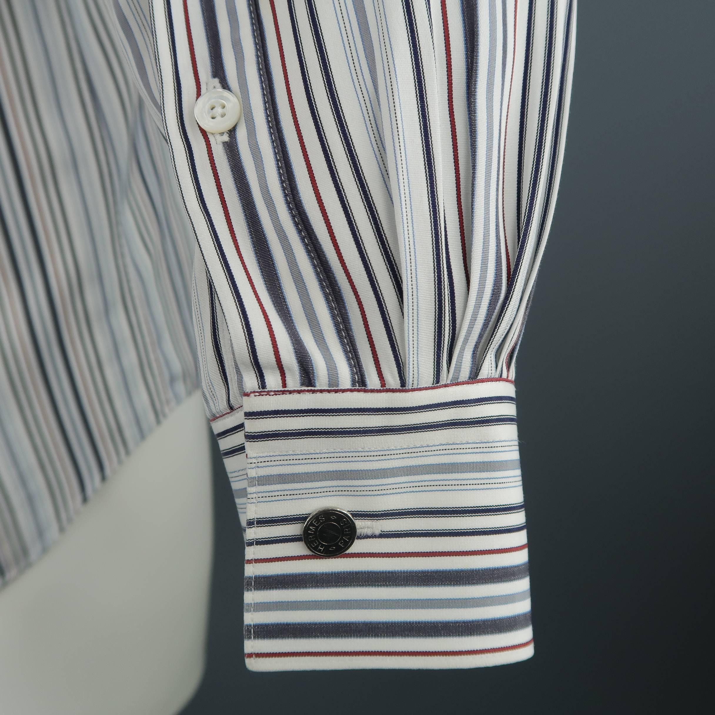 Gray Men's HERMES Size M White Red & Grey Stripe Cotton Long Sleeve Shirt