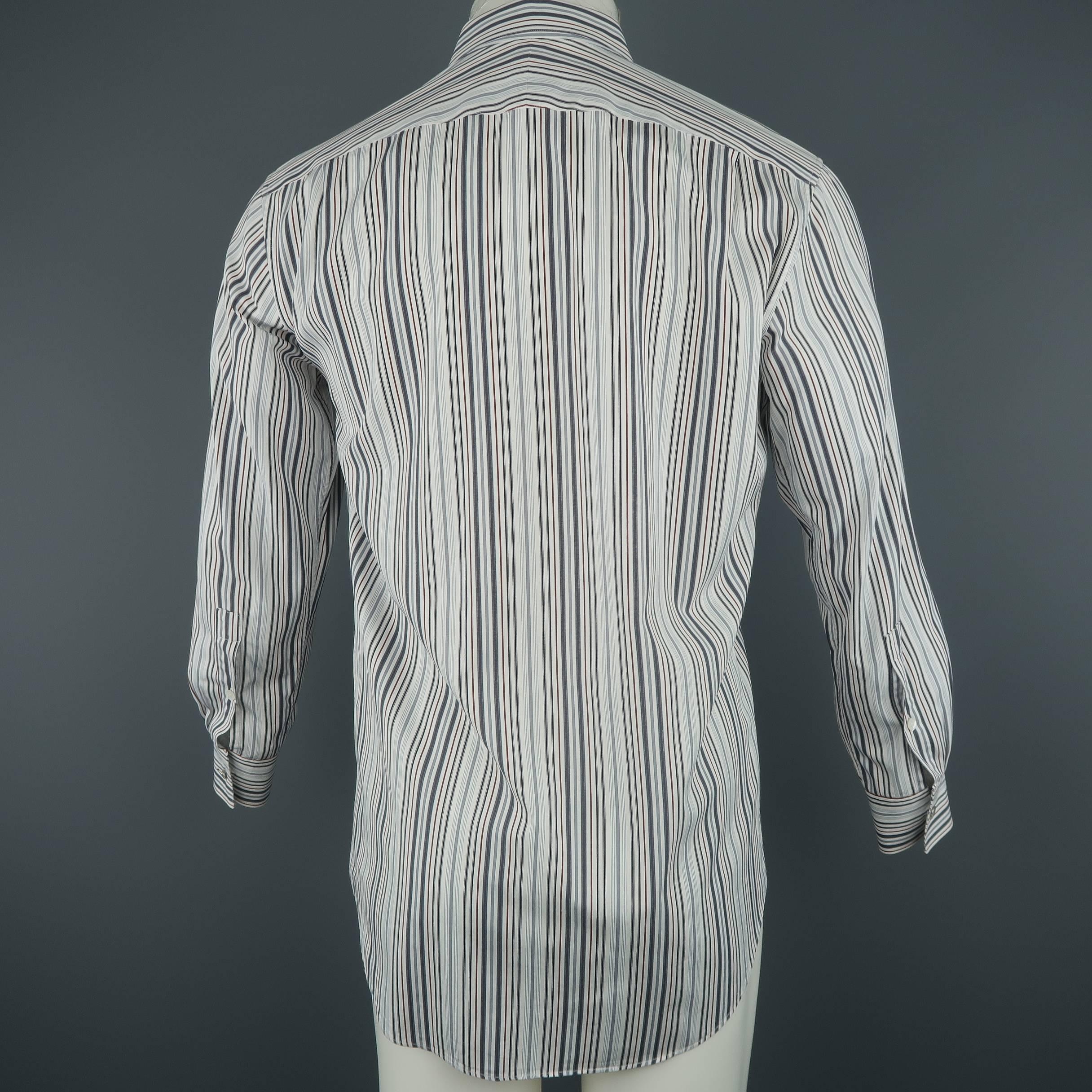 Men's HERMES Size M White Red & Grey Stripe Cotton Long Sleeve Shirt 1