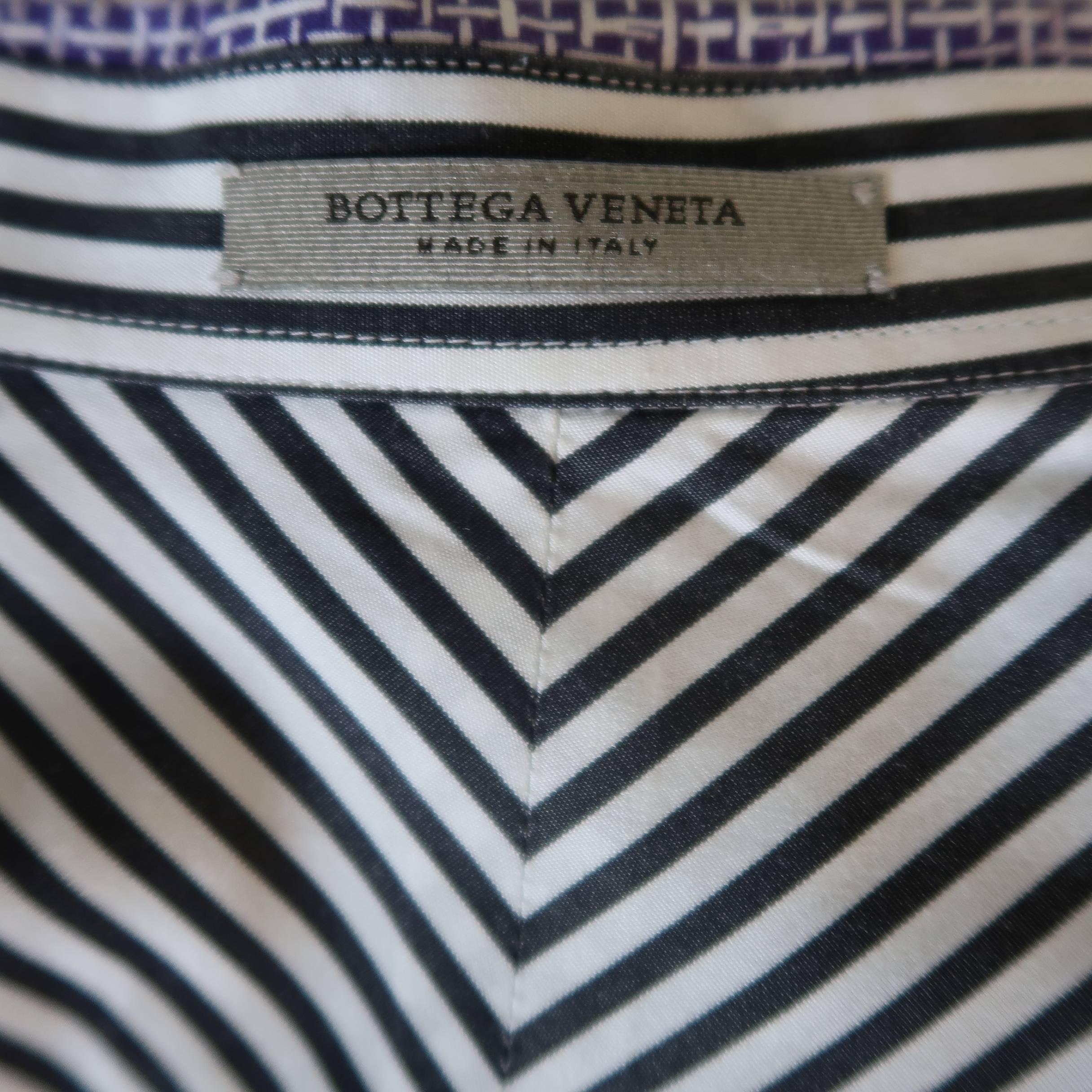 Men's BOTTEGA VENETA Size L Black & White Stripe Purple Collar Cotton Shirt 3