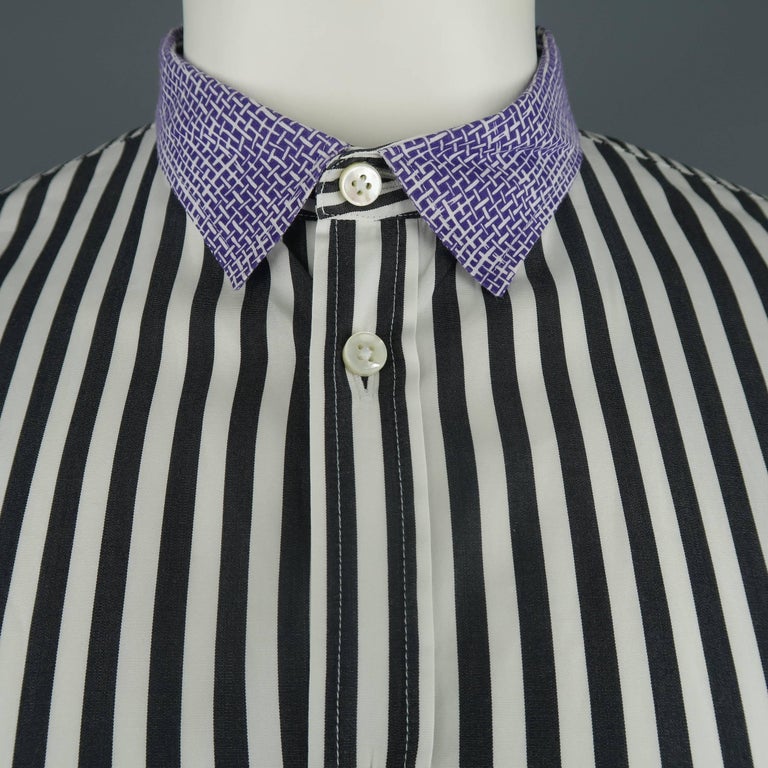 Men's BOTTEGA VENETA Size L Black and White Stripe Purple Collar Cotton ...