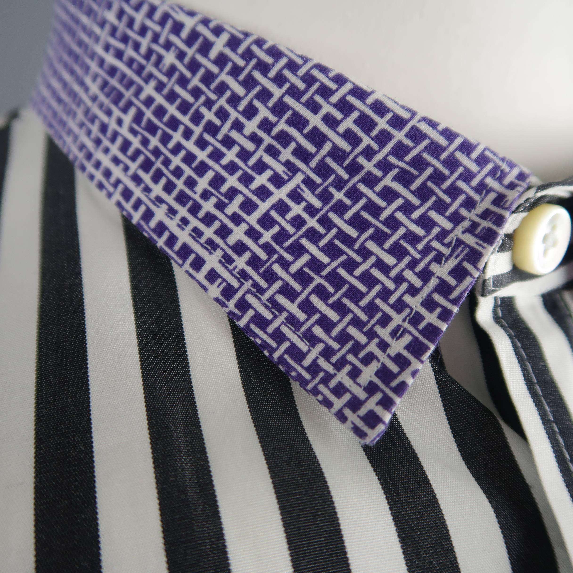 Gray Men's BOTTEGA VENETA Size L Black & White Stripe Purple Collar Cotton Shirt