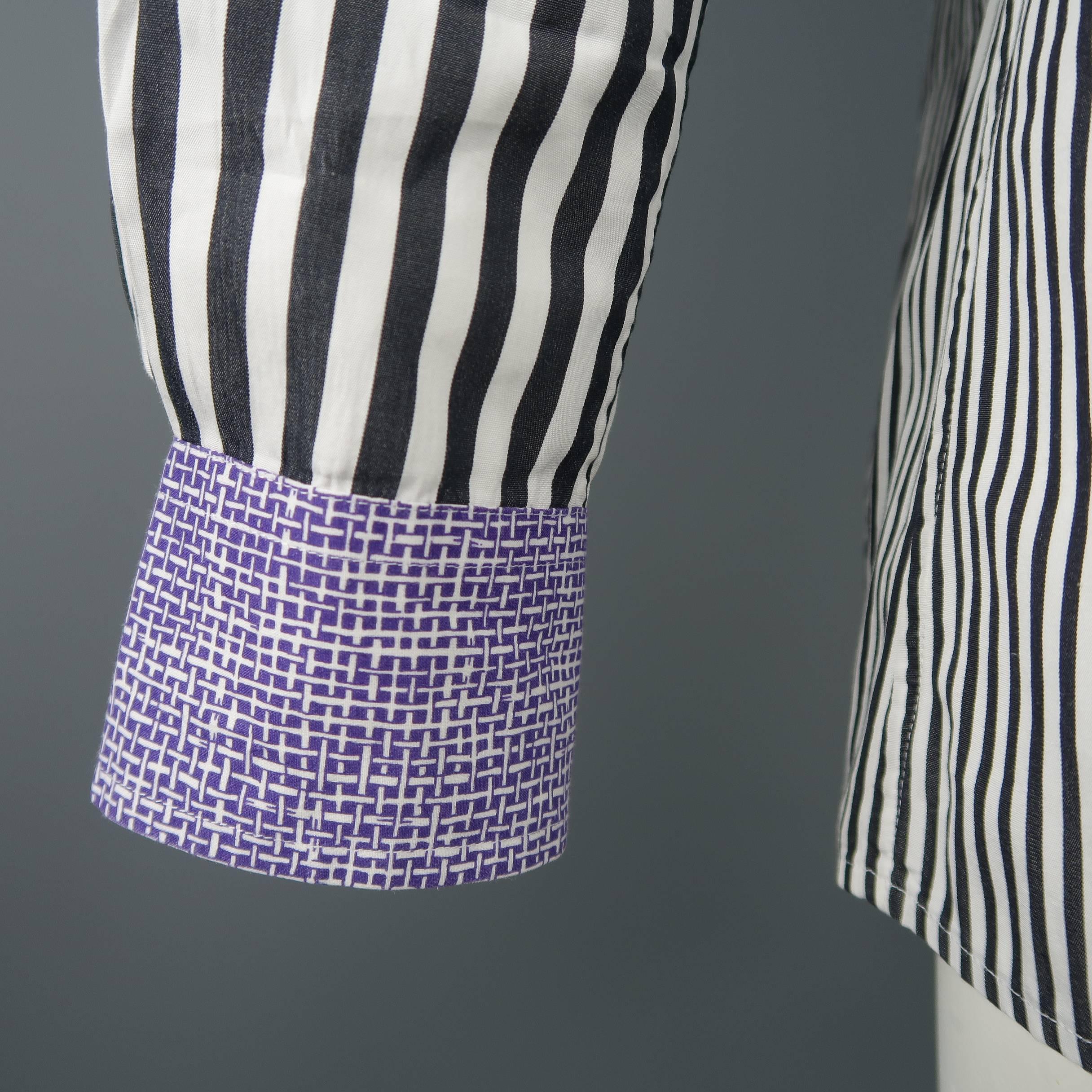 Men's BOTTEGA VENETA Size L Black & White Stripe Purple Collar Cotton Shirt In Excellent Condition In San Francisco, CA