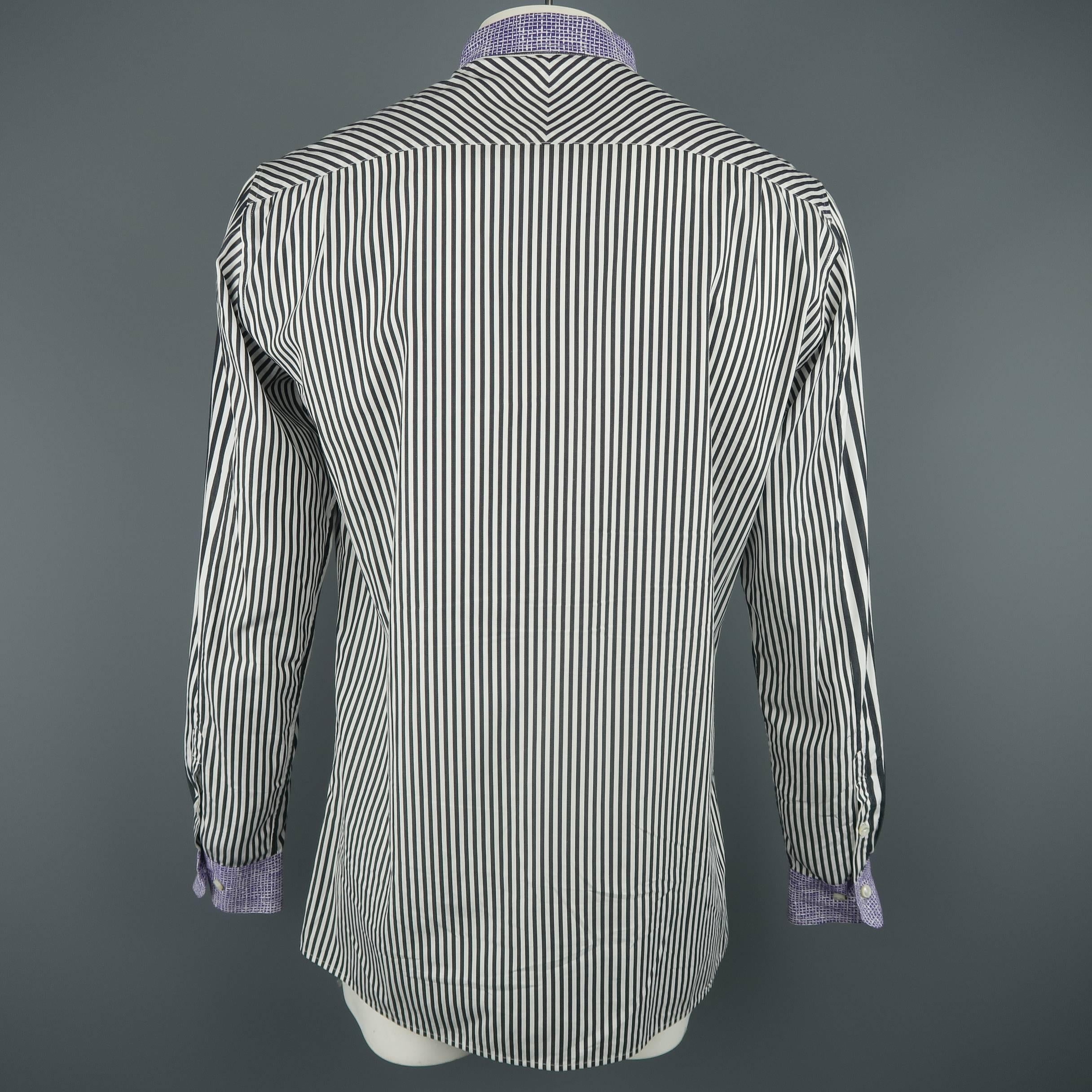 Men's BOTTEGA VENETA Size L Black & White Stripe Purple Collar Cotton Shirt 1