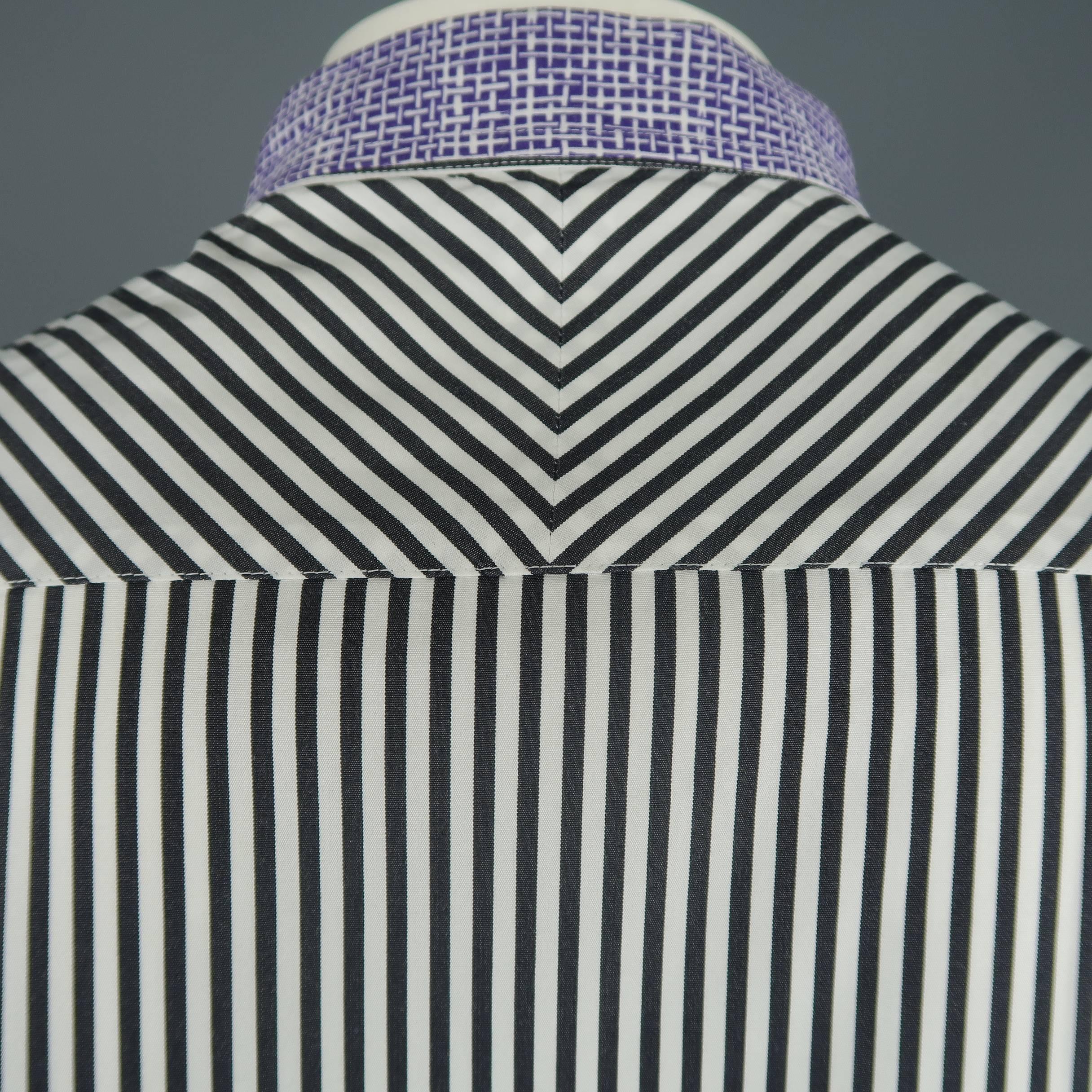 Men's BOTTEGA VENETA Size L Black & White Stripe Purple Collar Cotton Shirt 2