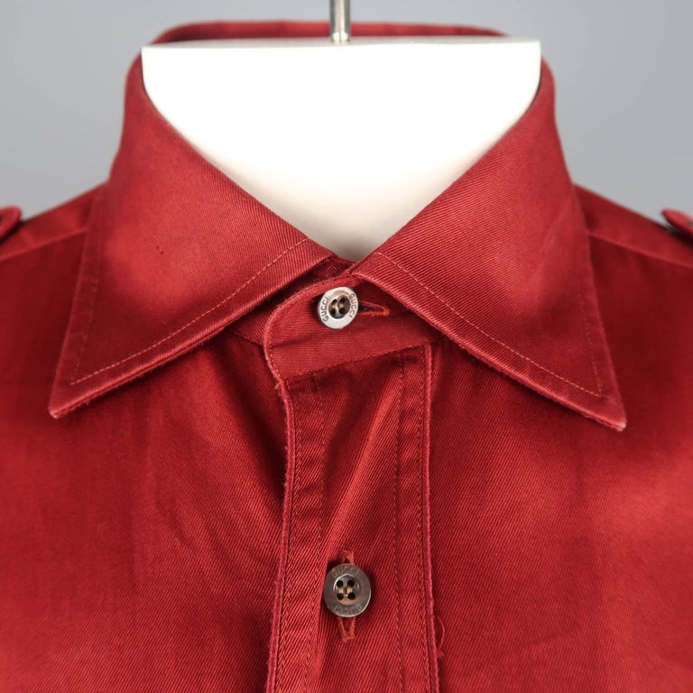Men's GUCCI Size L Cotton Burgundy Red Spread Collar Military Shirt at ...
