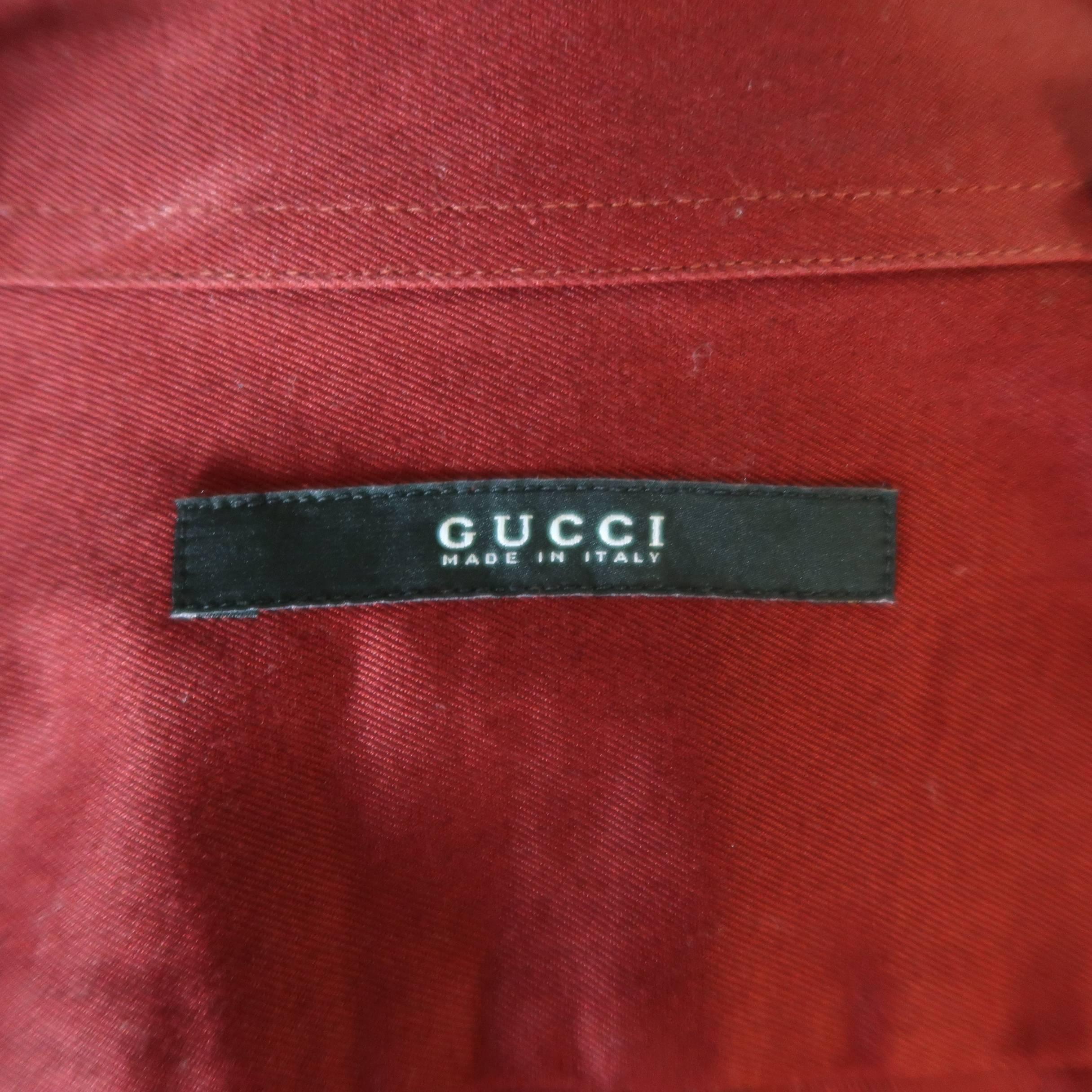 Men's GUCCI Size L Cotton Burgundy Red Spread Collar Military Shirt 5