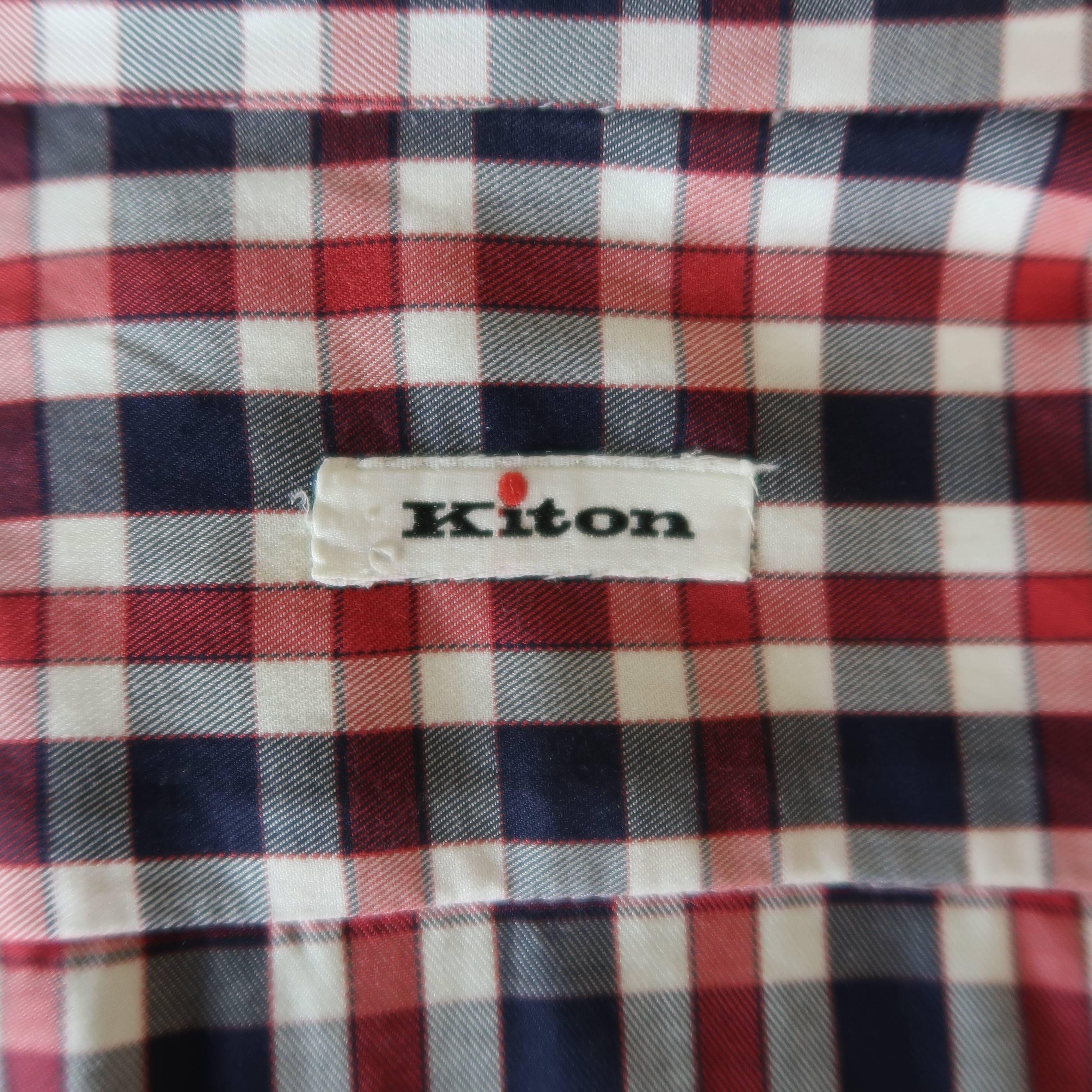 Men's KITON Size L Navy & Red Checkered Plaid Cotton Long Sleeve Shirt 2