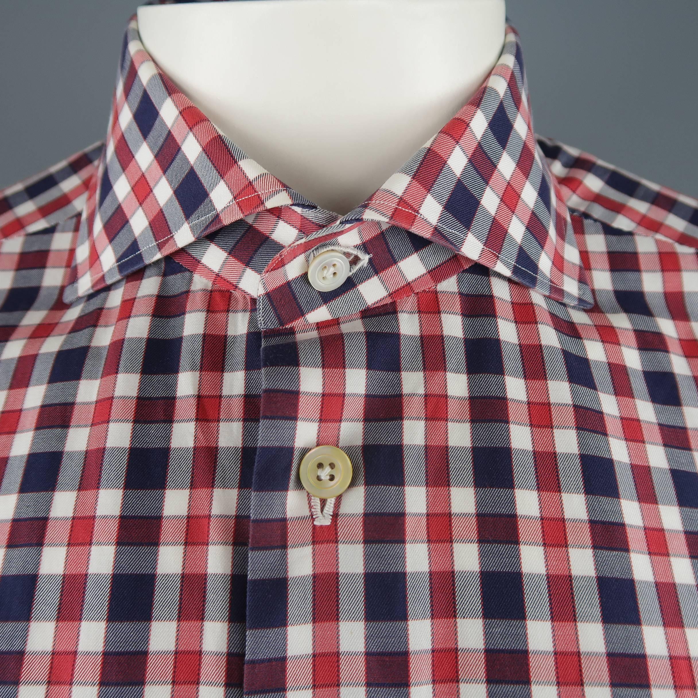 Brown Men's KITON Size L Navy & Red Checkered Plaid Cotton Long Sleeve Shirt