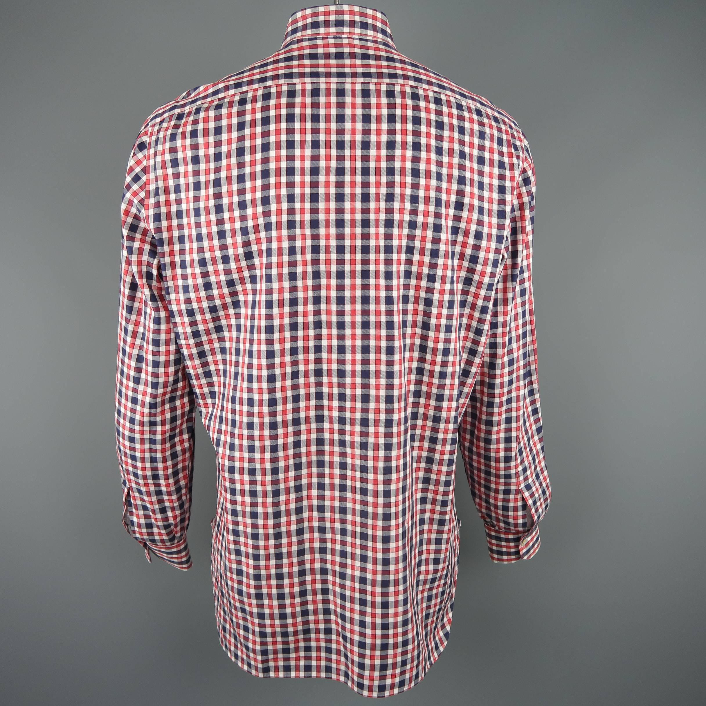 Men's KITON Size L Navy & Red Checkered Plaid Cotton Long Sleeve Shirt In Excellent Condition In San Francisco, CA