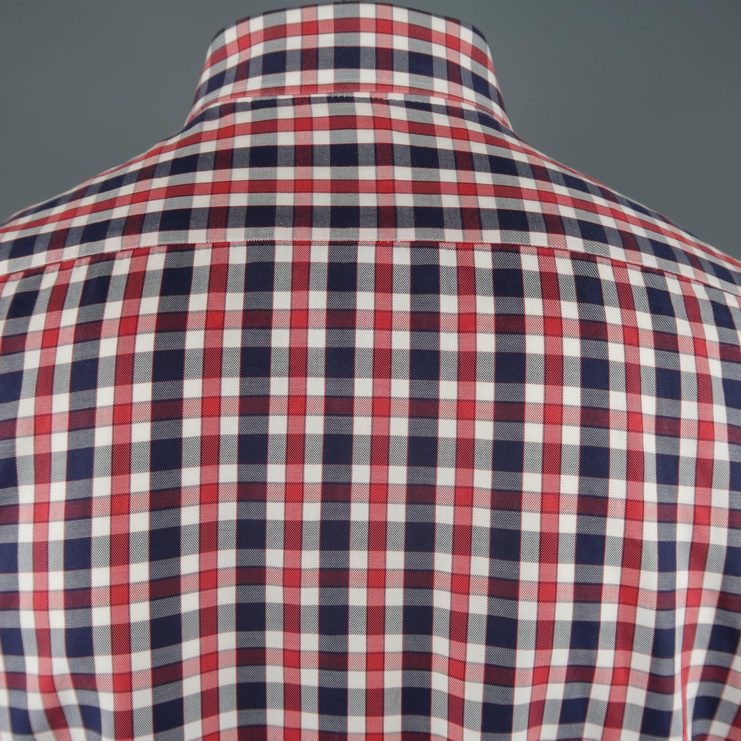 Men's KITON Size L Navy & Red Checkered Plaid Cotton Long Sleeve Shirt 1