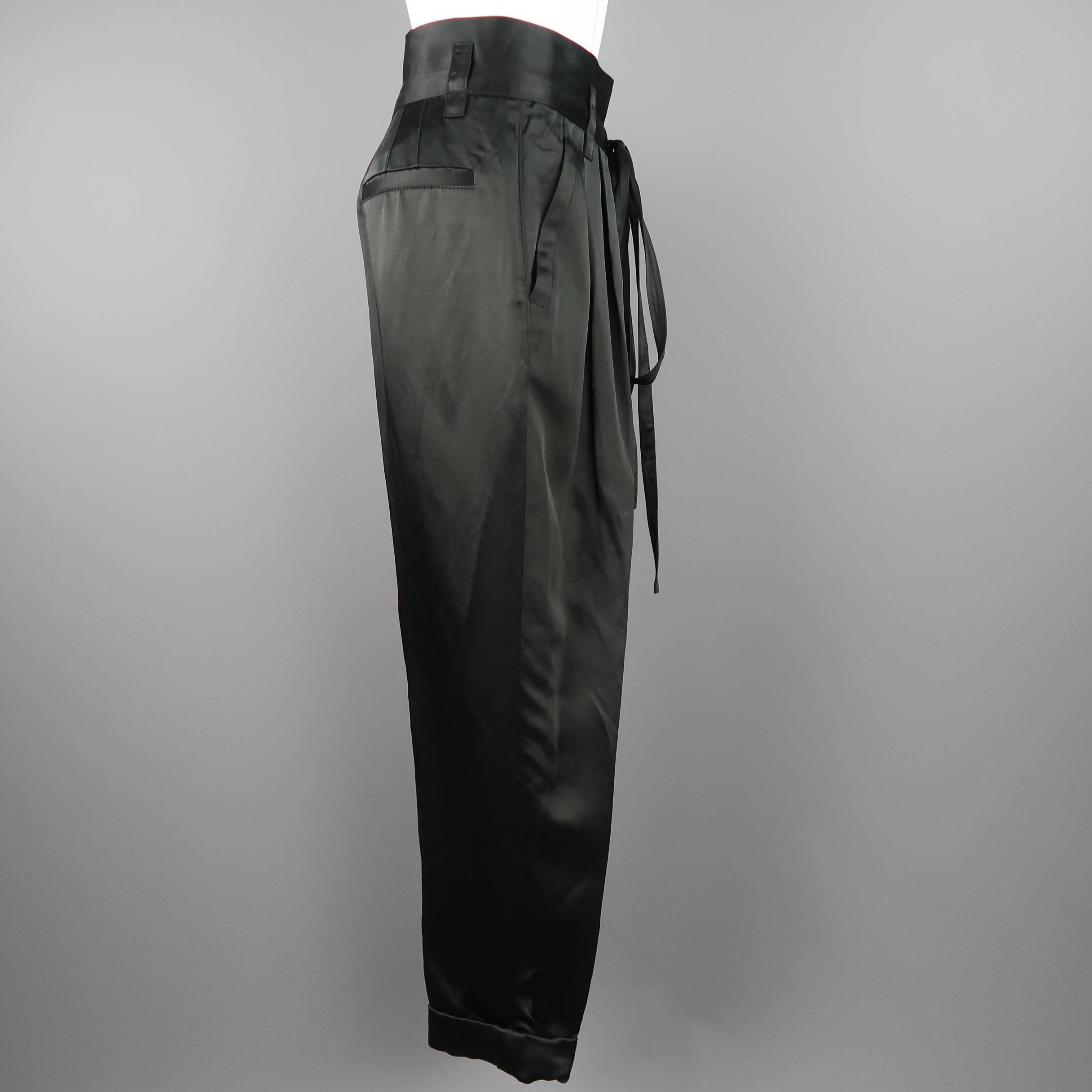 Women's MARC JACOBS Size 4 Black Linen Blend Satin Pleated Cuffed Pants