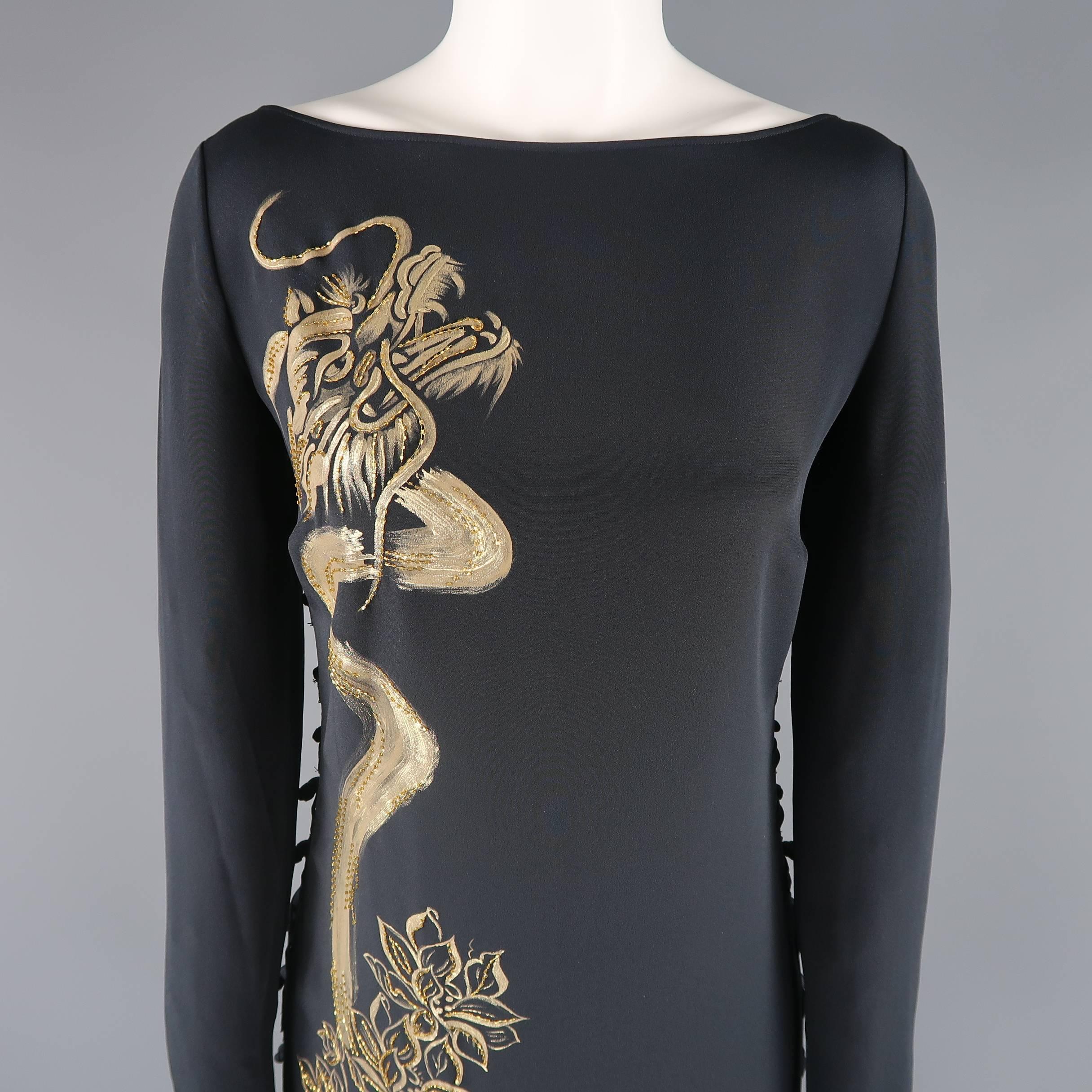 Emilio Pucci Gown - Black Silk Gold Painted Dragon Column Dress In Excellent Condition In San Francisco, CA