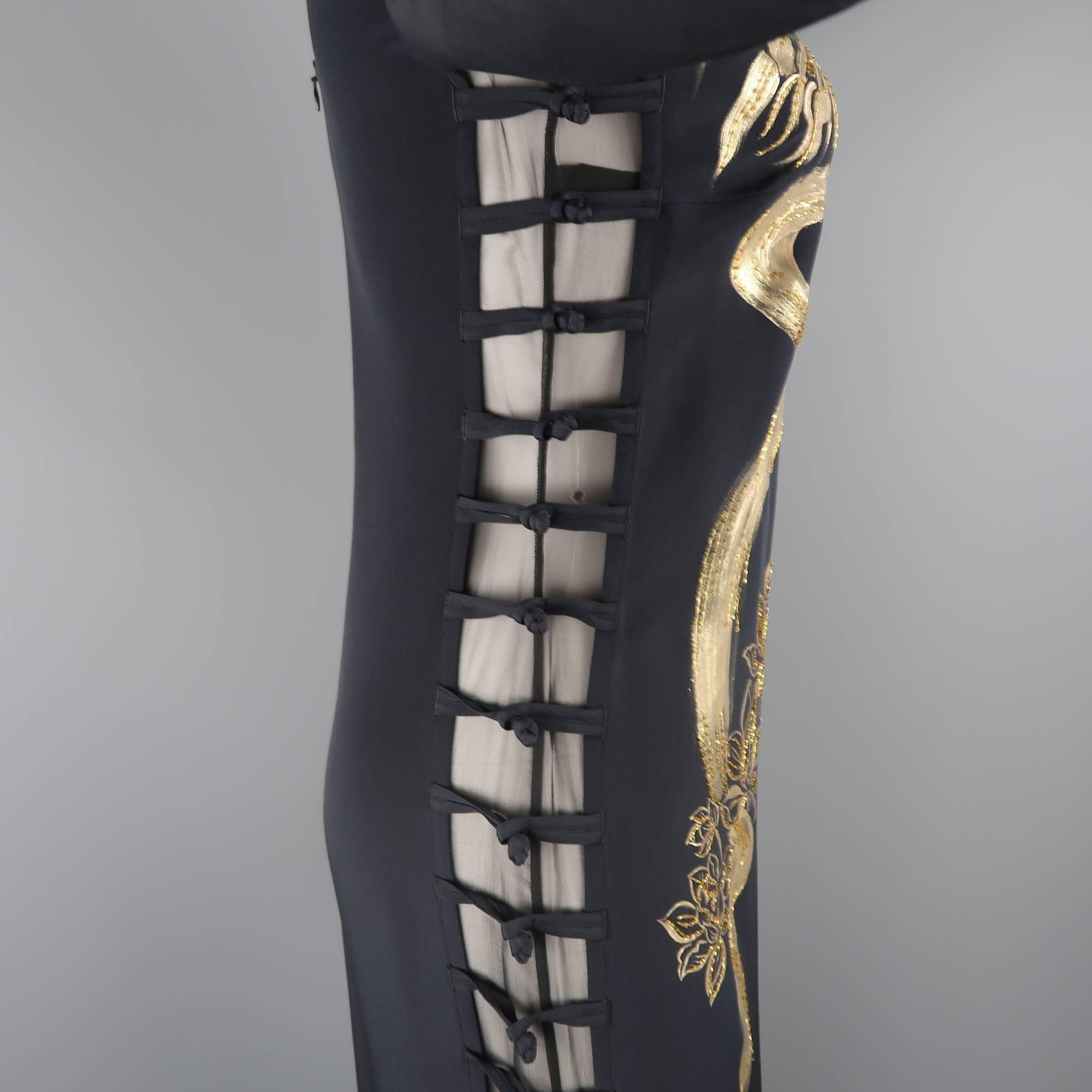 Emilio Pucci Gown - Black Silk Gold Painted Dragon Column Dress 5