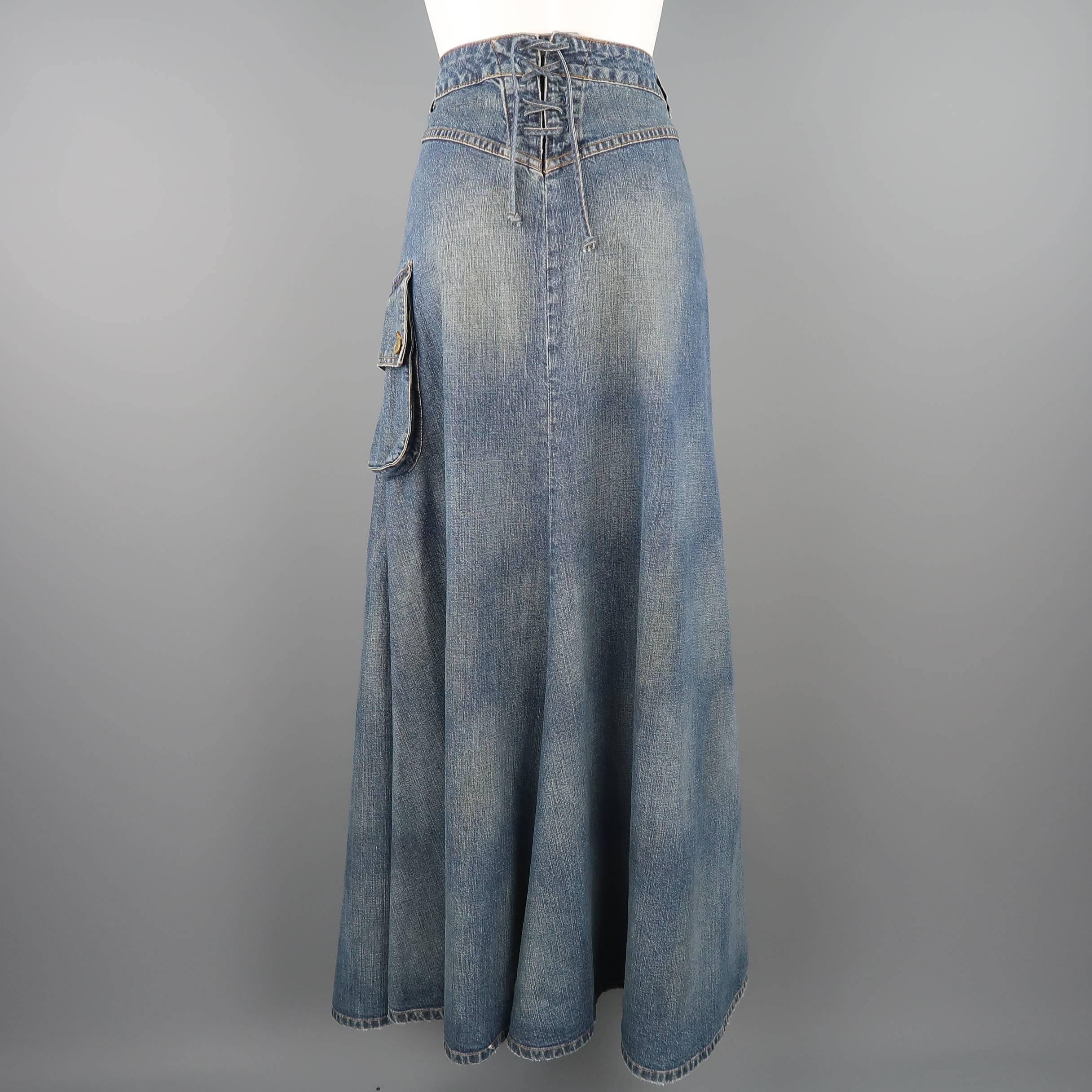 Women's RALPH LAUREN Size 6 Blue Dirty Wash Denim Flaired Maxi Skirt