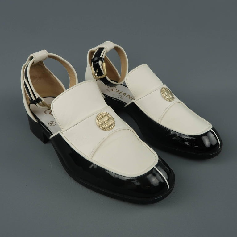 CHANEL Size  Black and White Leather Ankle Strap Loafer Flats at 1stDibs  | loafers with ankle strap, chanel flats with ankle strap, chanel black and  white loafers