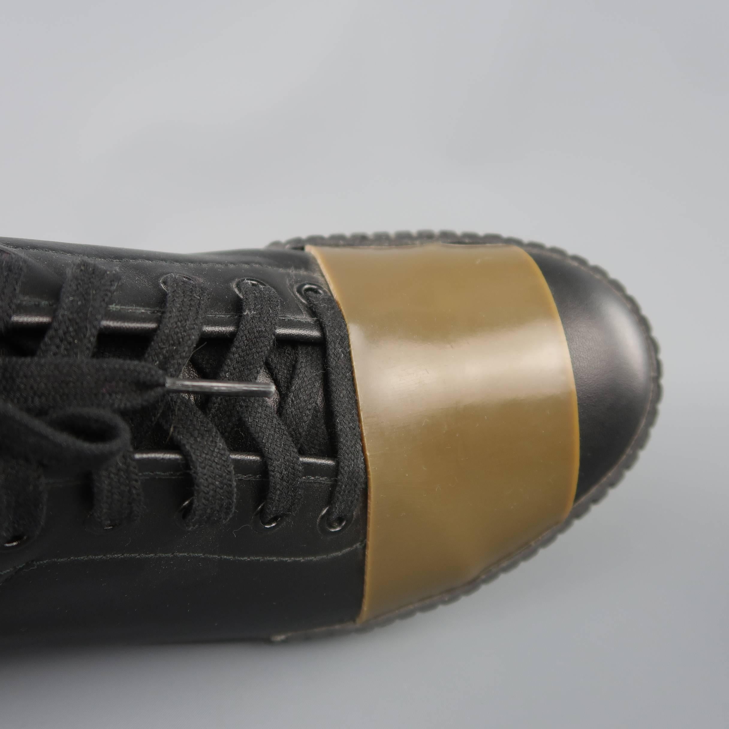 Men's MARNI Size 10 Black Leather Olive Green Rubber Strap Sneakers In Excellent Condition In San Francisco, CA