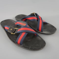 Men's GUCCI Size 11 Navy & Red Stripe Canvas Strap X Sandals