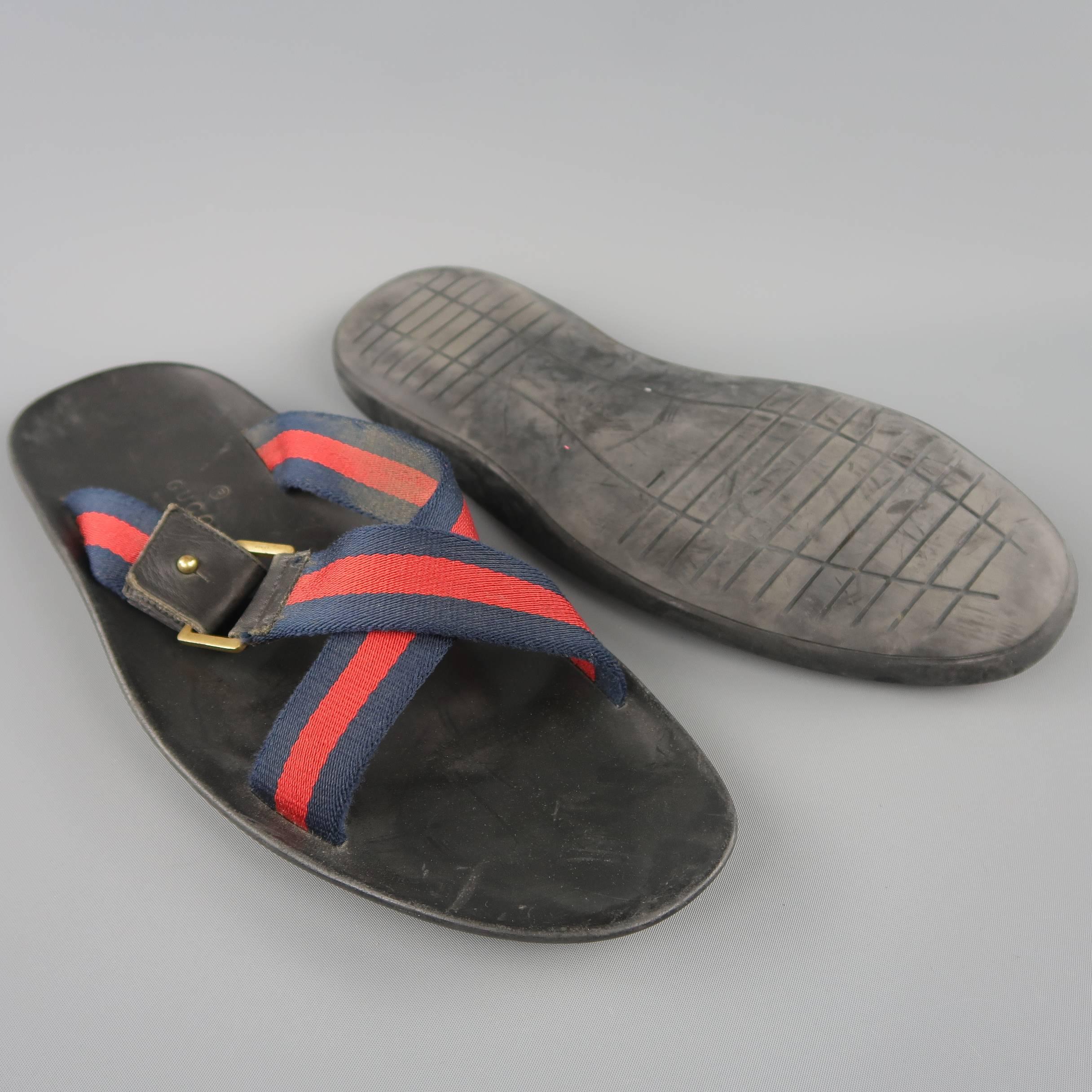 Men's GUCCI Size 11 Navy & Red Stripe Canvas Strap X Sandals In Fair Condition In San Francisco, CA