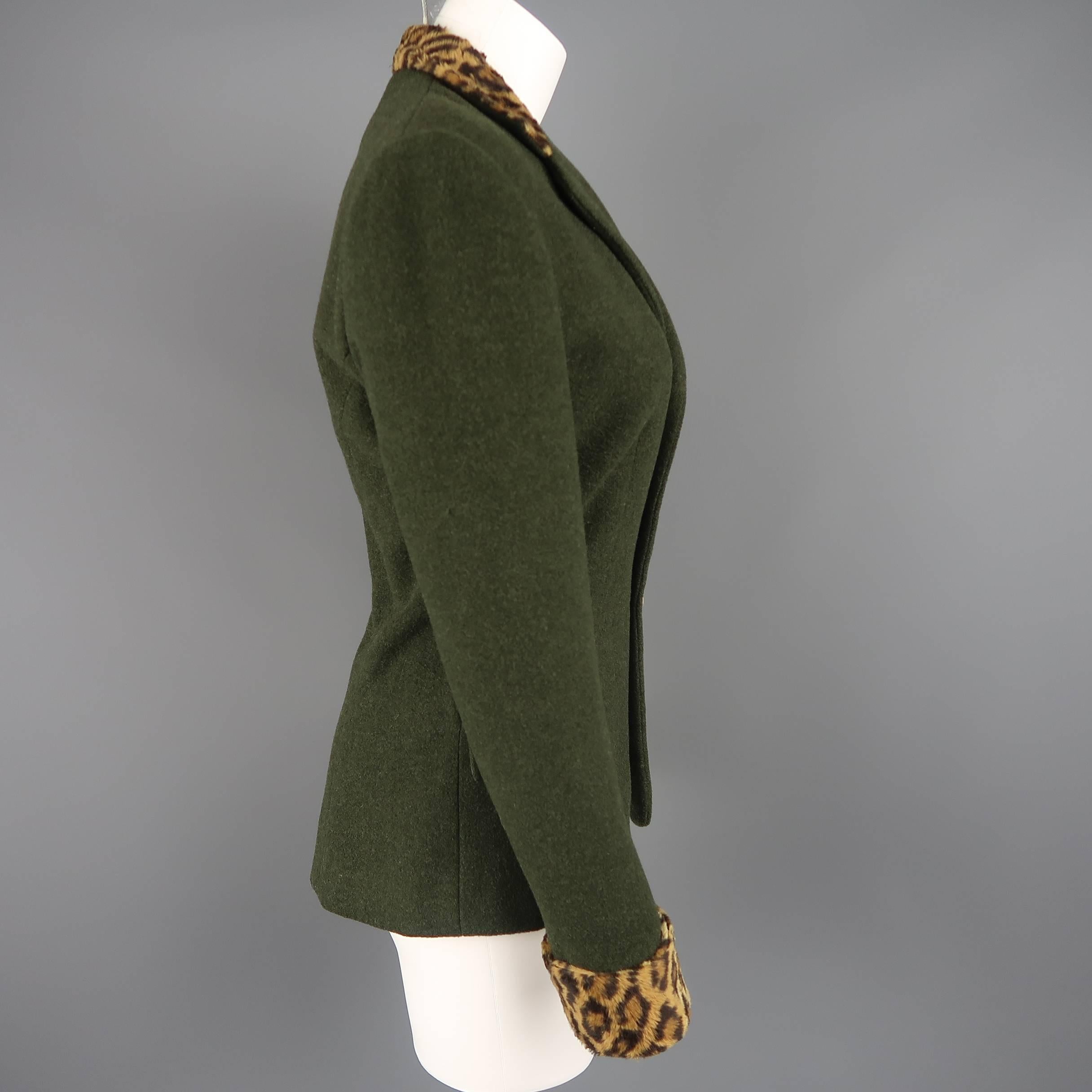 RALPH LAUREN Size 4 Green Wool / Cashmere Leopard Collar Jacket 1