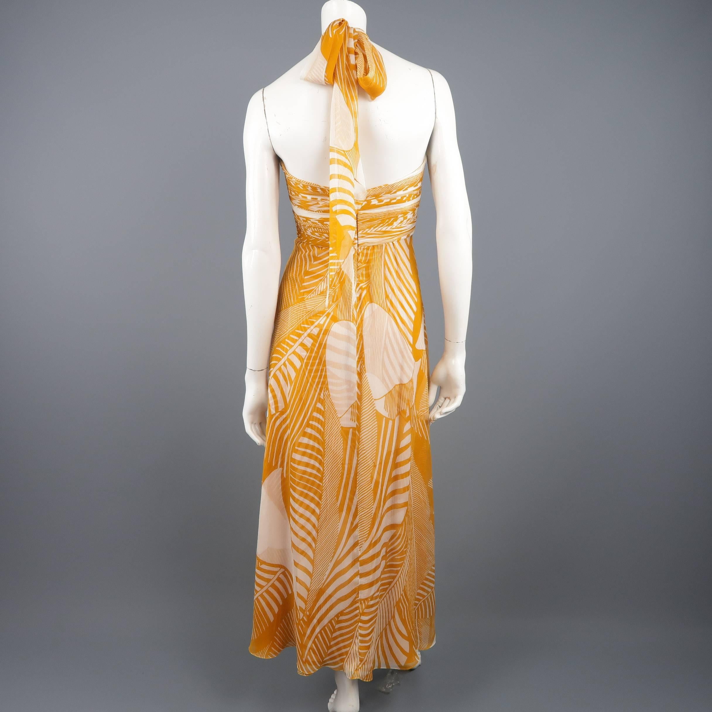 MONIQUE LHUILLIER Dress - Size 8 Mustard & Cream Print Silk Halter Cocktail 3