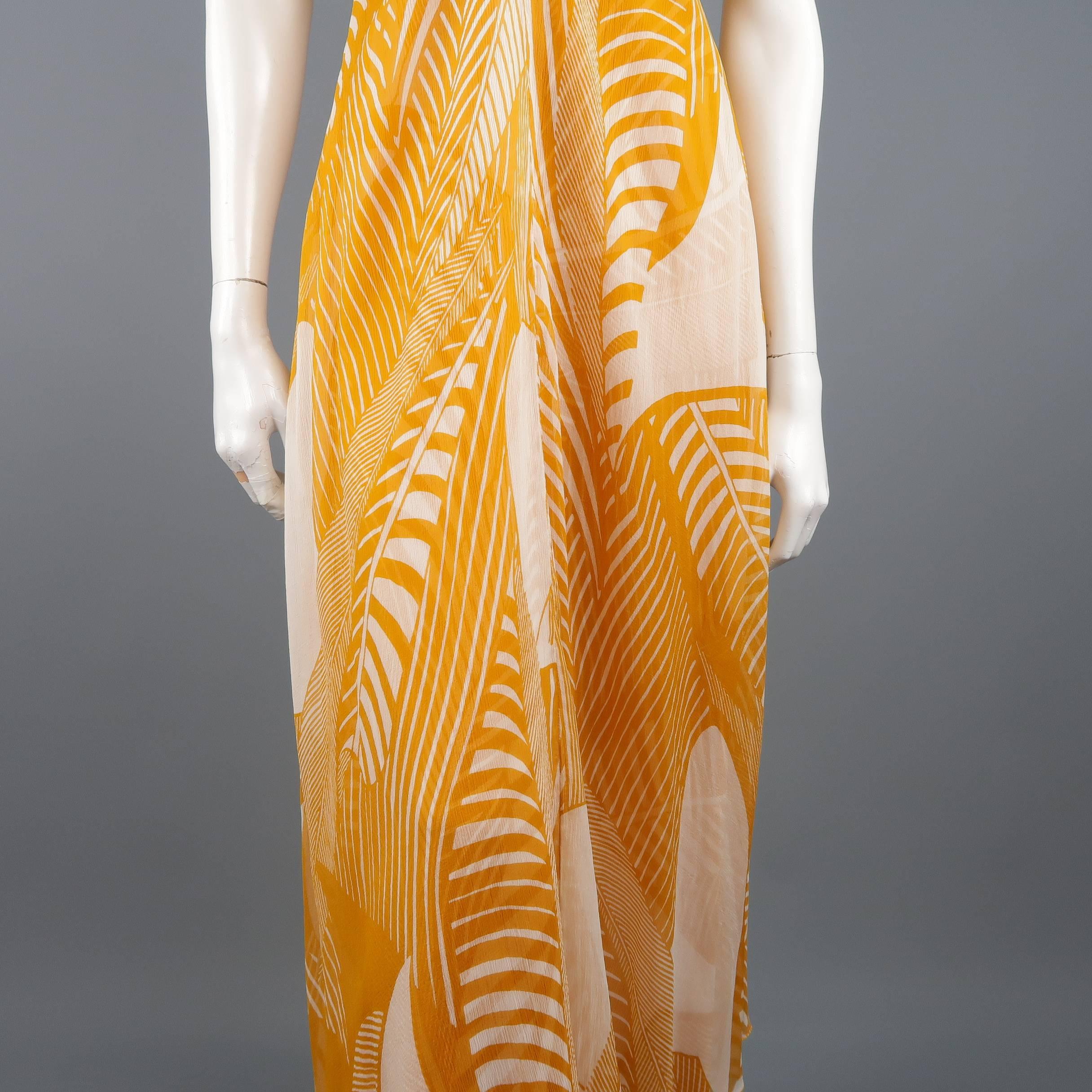 Women's MONIQUE LHUILLIER Dress - Size 8 Mustard & Cream Print Silk Halter Cocktail