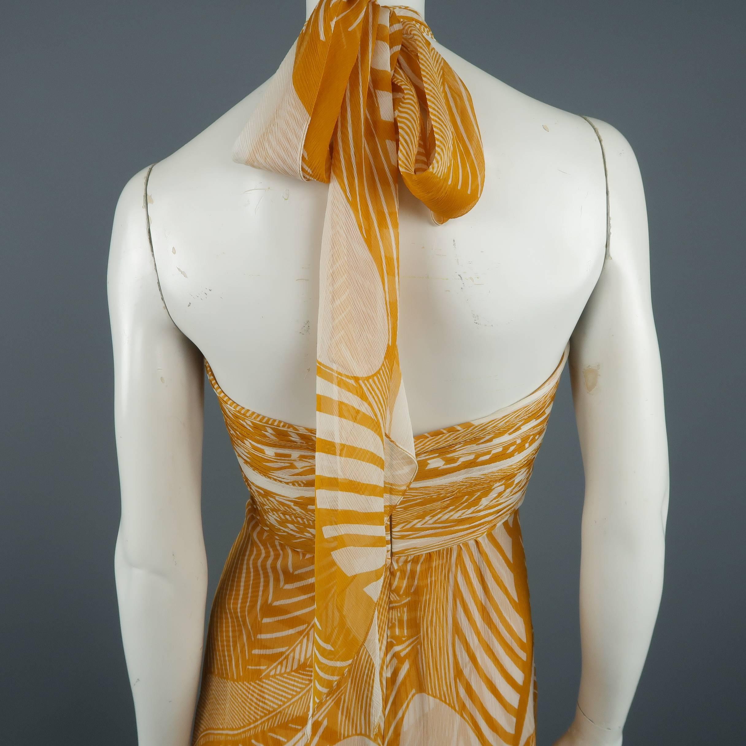 MONIQUE LHUILLIER Dress - Size 8 Mustard & Cream Print Silk Halter Cocktail 5