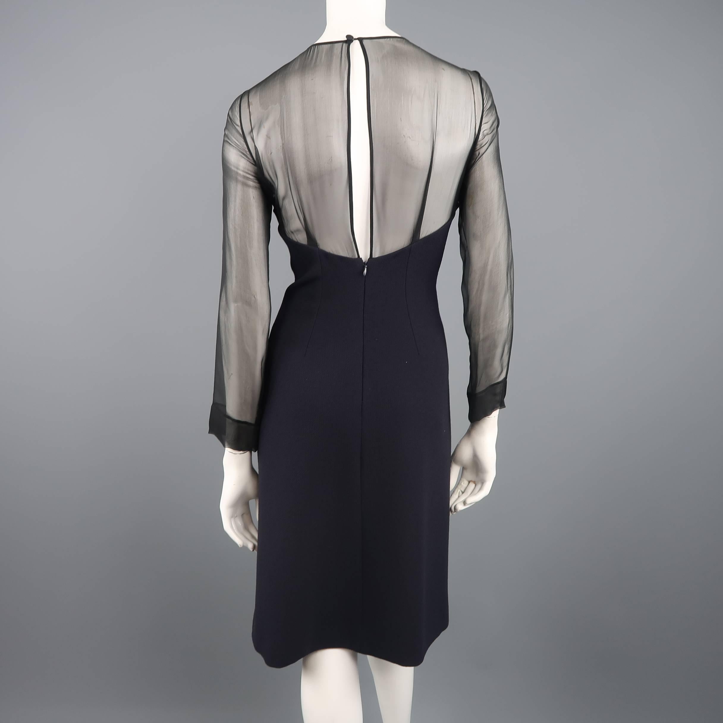 Women's PRADA Size 6 Navy Wool Black Sheer Top Cocktail Dress