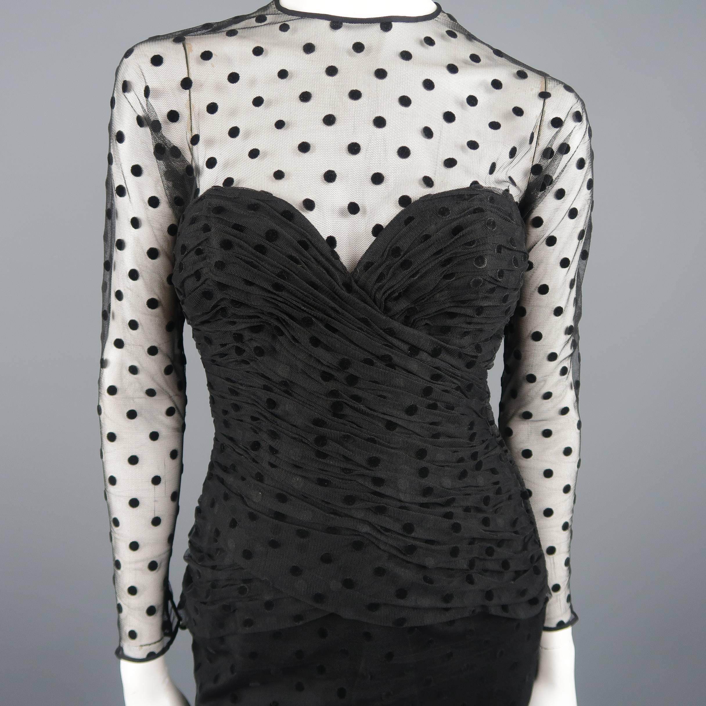 VICKY TIEL COUTURE Size M Black Polka Dot Pleated Silk Tulle Cocktail Dress In Good Condition In San Francisco, CA