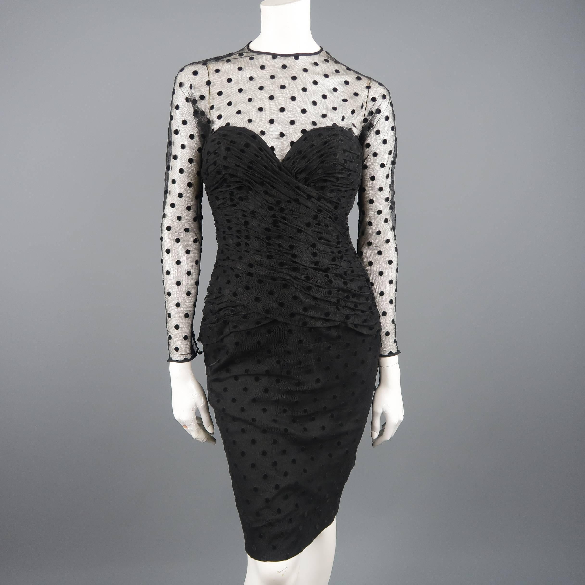 VICKY TIEL COUTURE Size M Black Polka Dot Pleated Silk Tulle Cocktail Dress 8